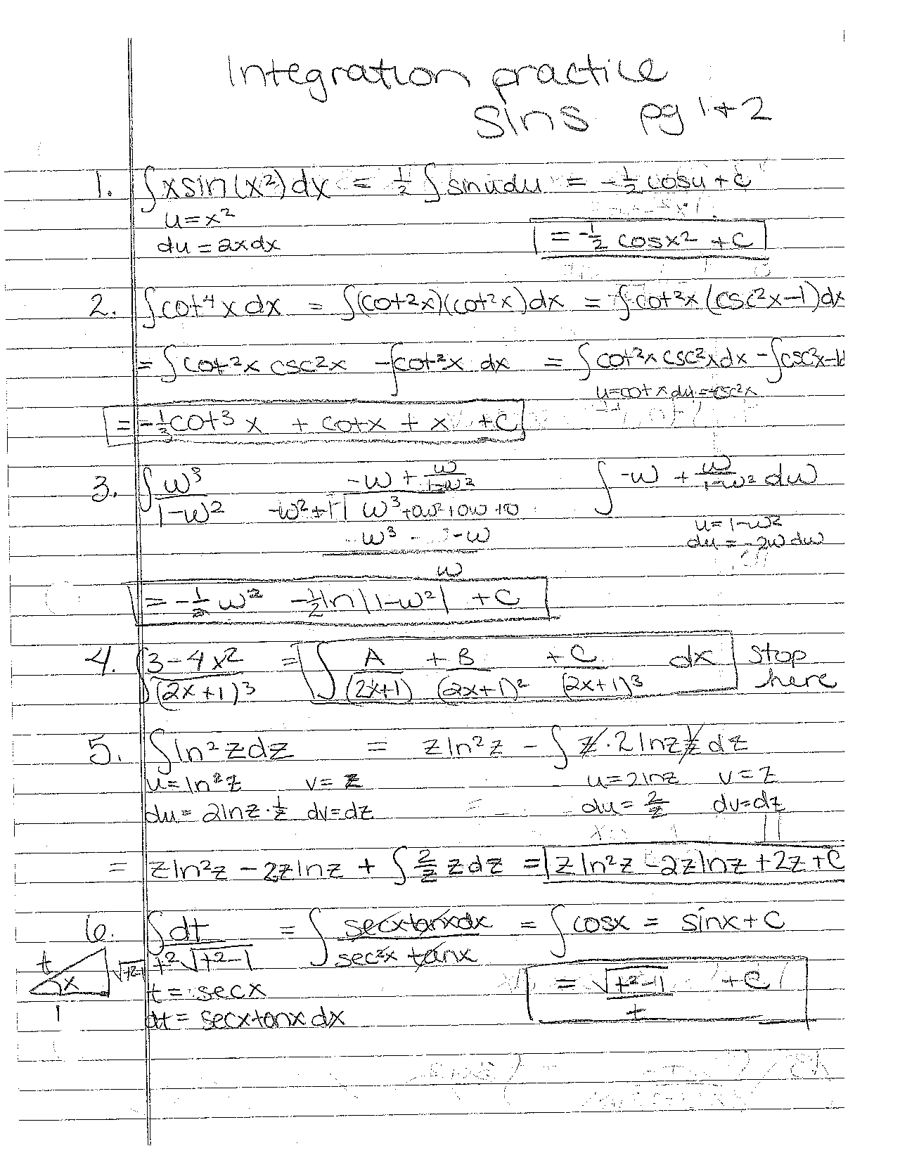 Integration Practice Sins - Handwritten Notice | MATH 166 | Assignments ...