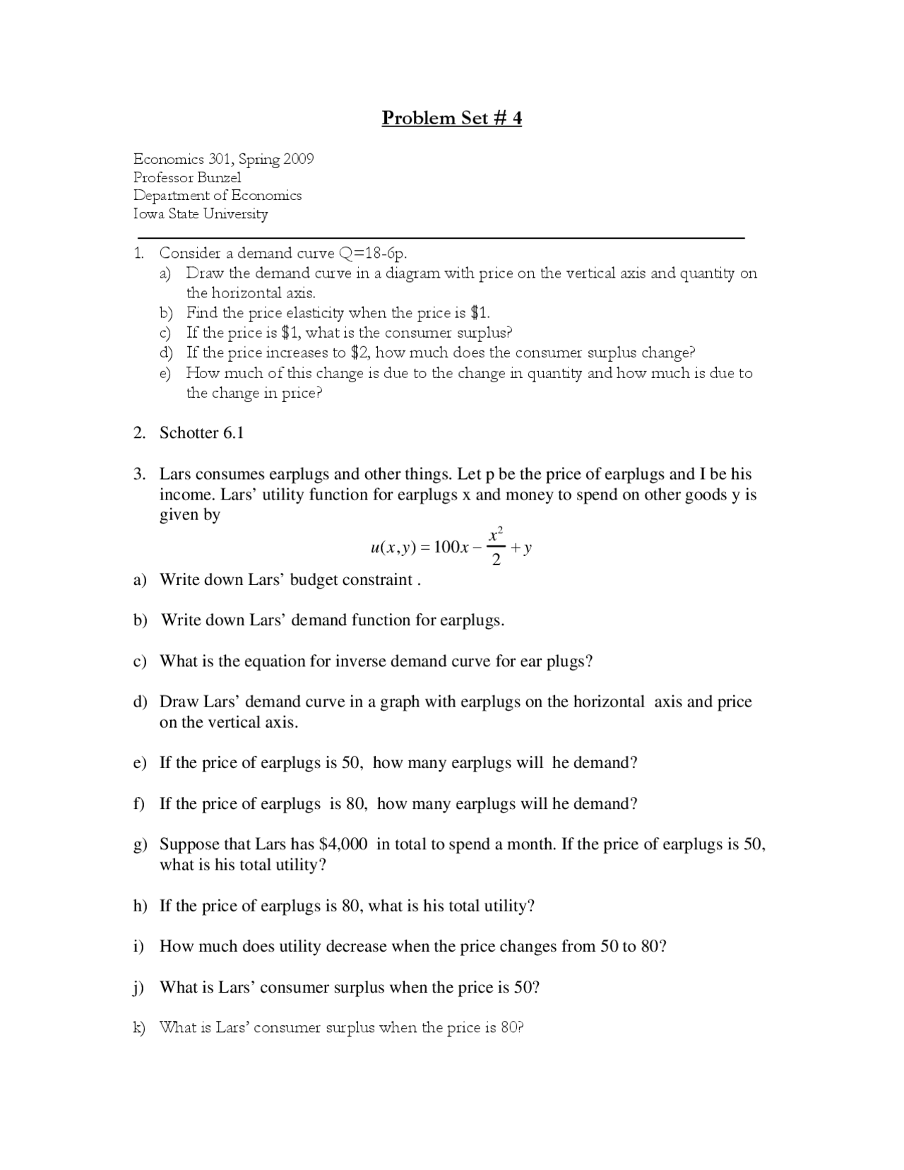 Problem Set 4 - Intermediate Microeconomics | ECON 301 - Docsity