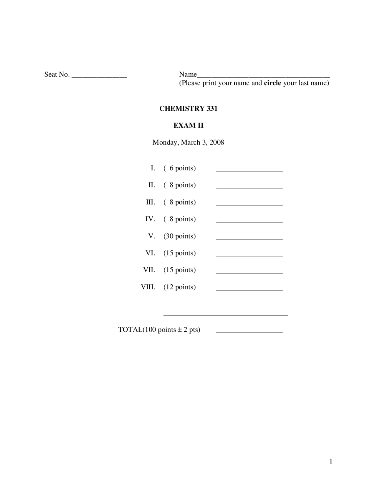 Organic Chemistry I - Practice Exam II | CHEM 331 - Docsity