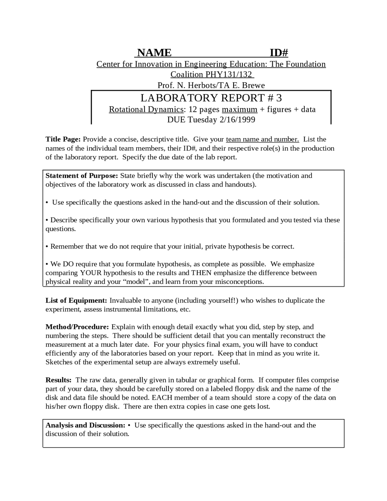 Phd Rotation Lab Report Samples Laboratory Report 3 for Rotational Dynamics | PHY 131 - Docsity