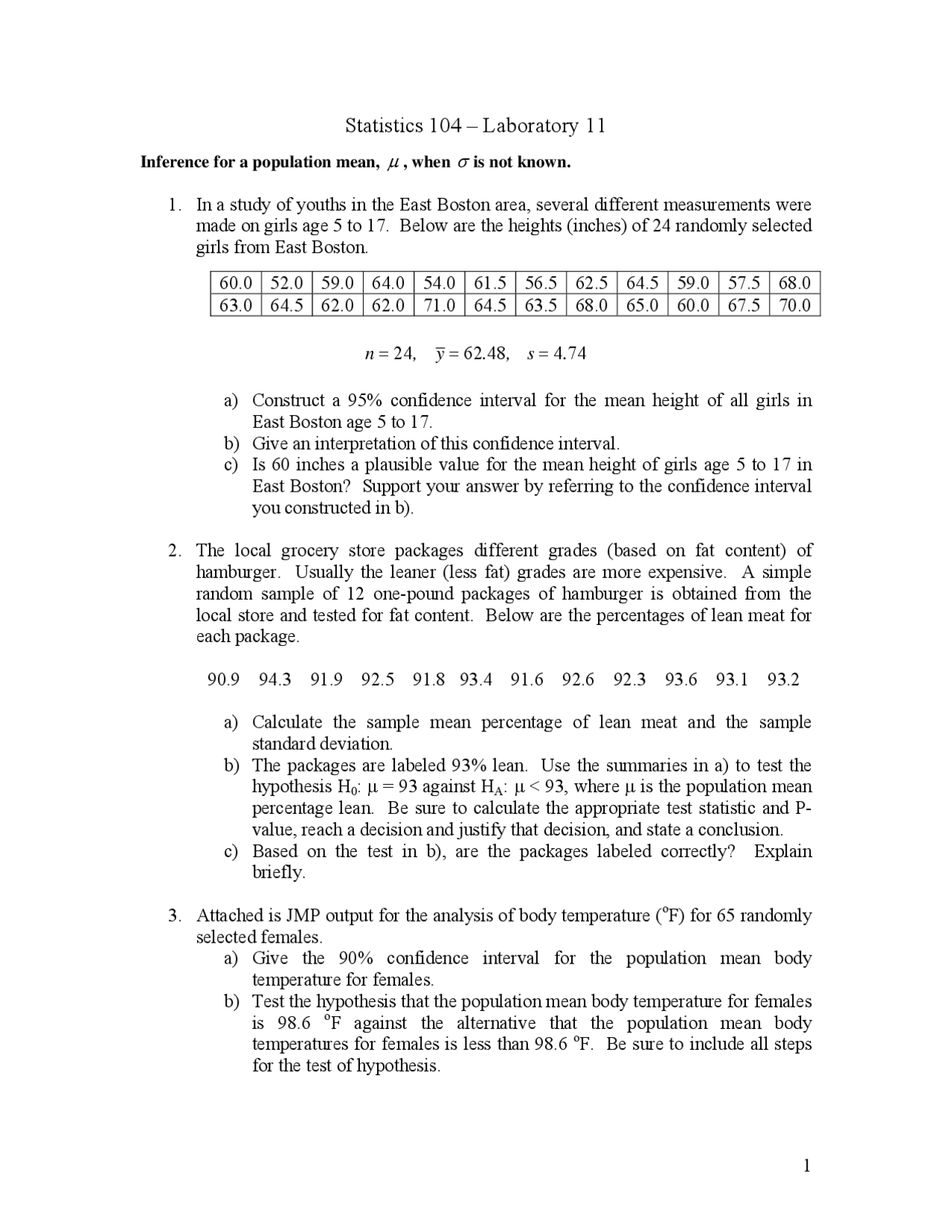 Stat Lab Psr Example Problems on Introductory Statistics - Laboratory 11 | STAT 104 | Lab ...