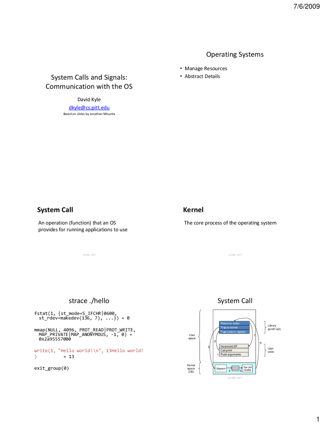 System Calls and Signals Communication with the OS | CS 1550 - Docsity