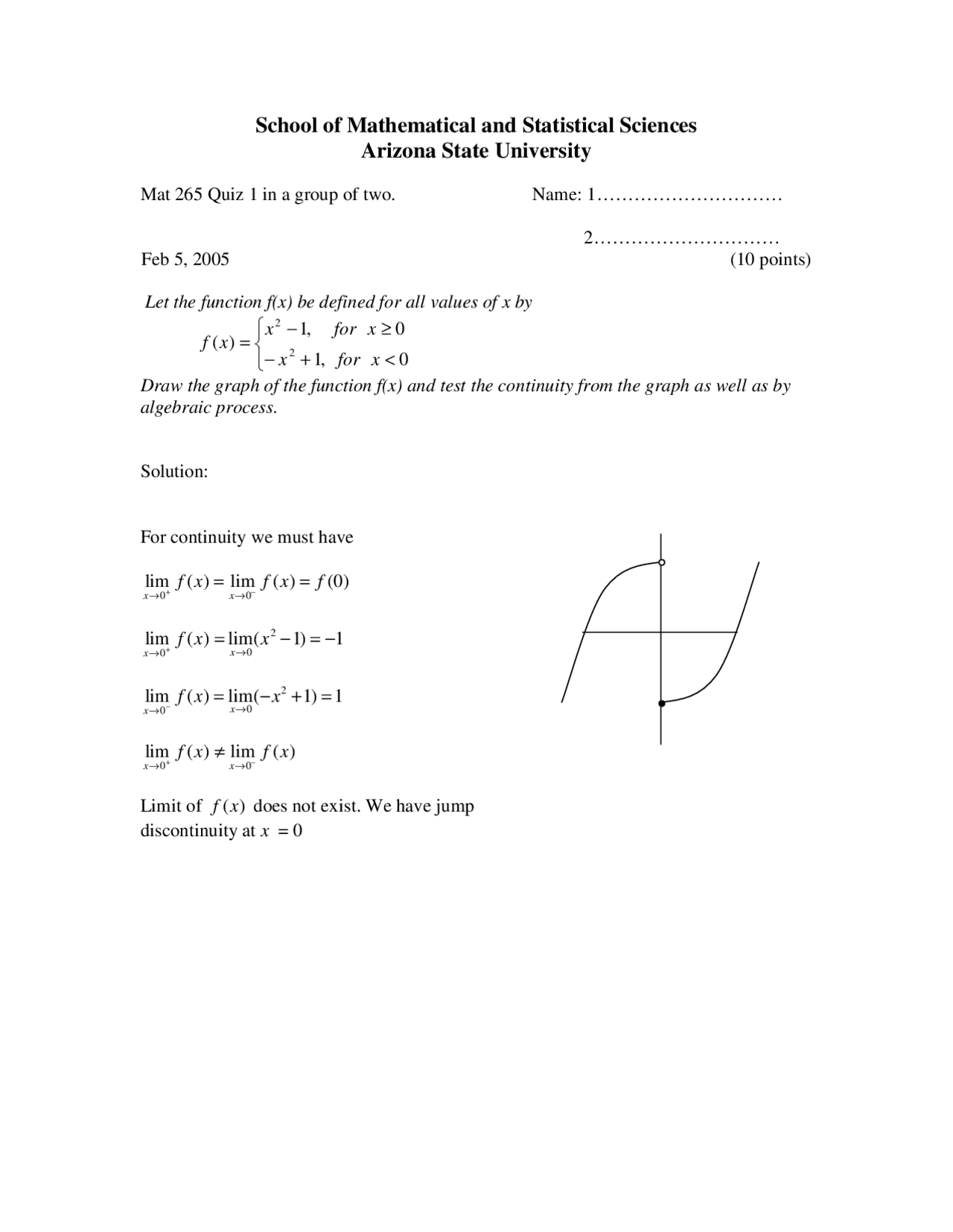 Graph of Function and Continuity - Calculus for Engineers I - Quiz 1 ...