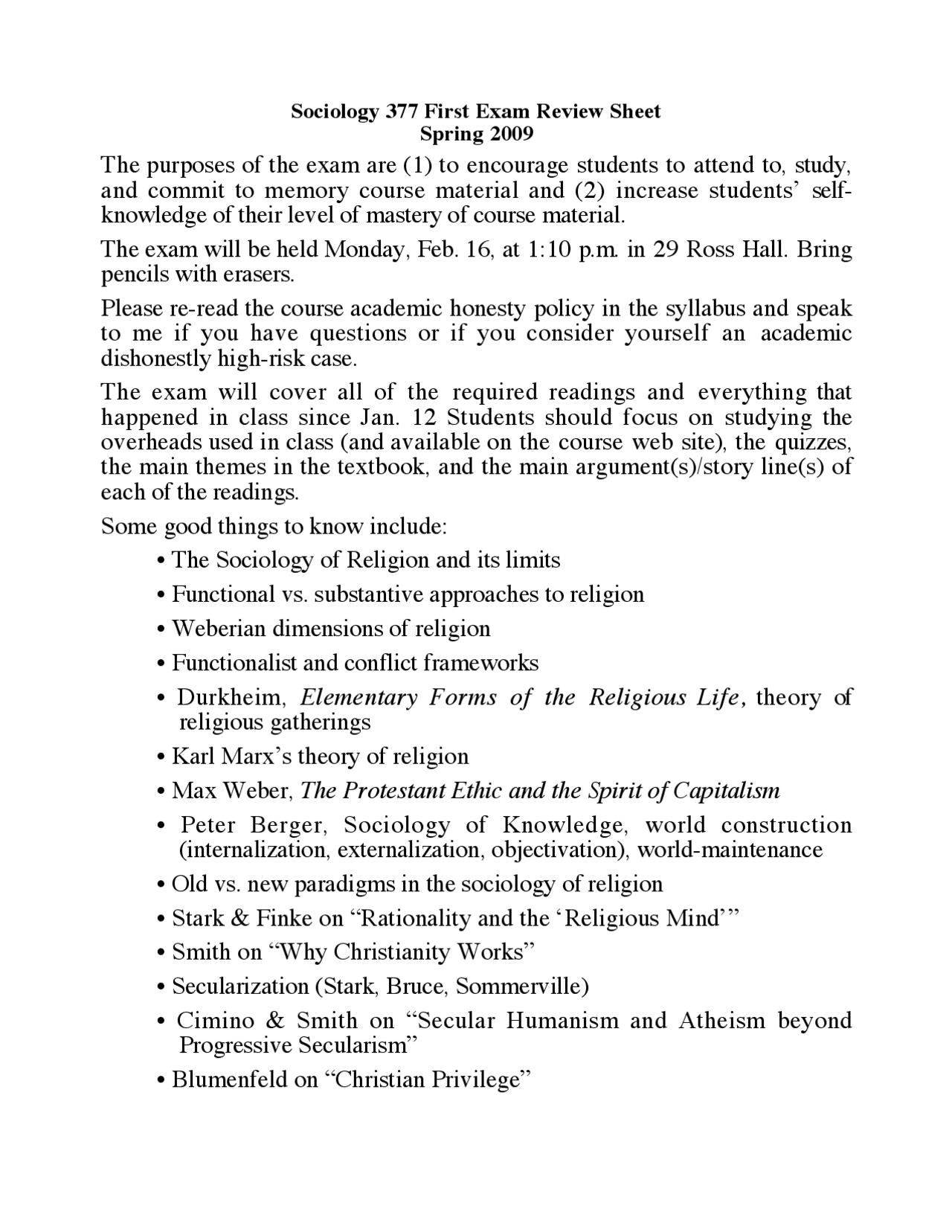 Exam I Review Sheet - Social Dimensions of Religion | RELIG 377 - Docsity
