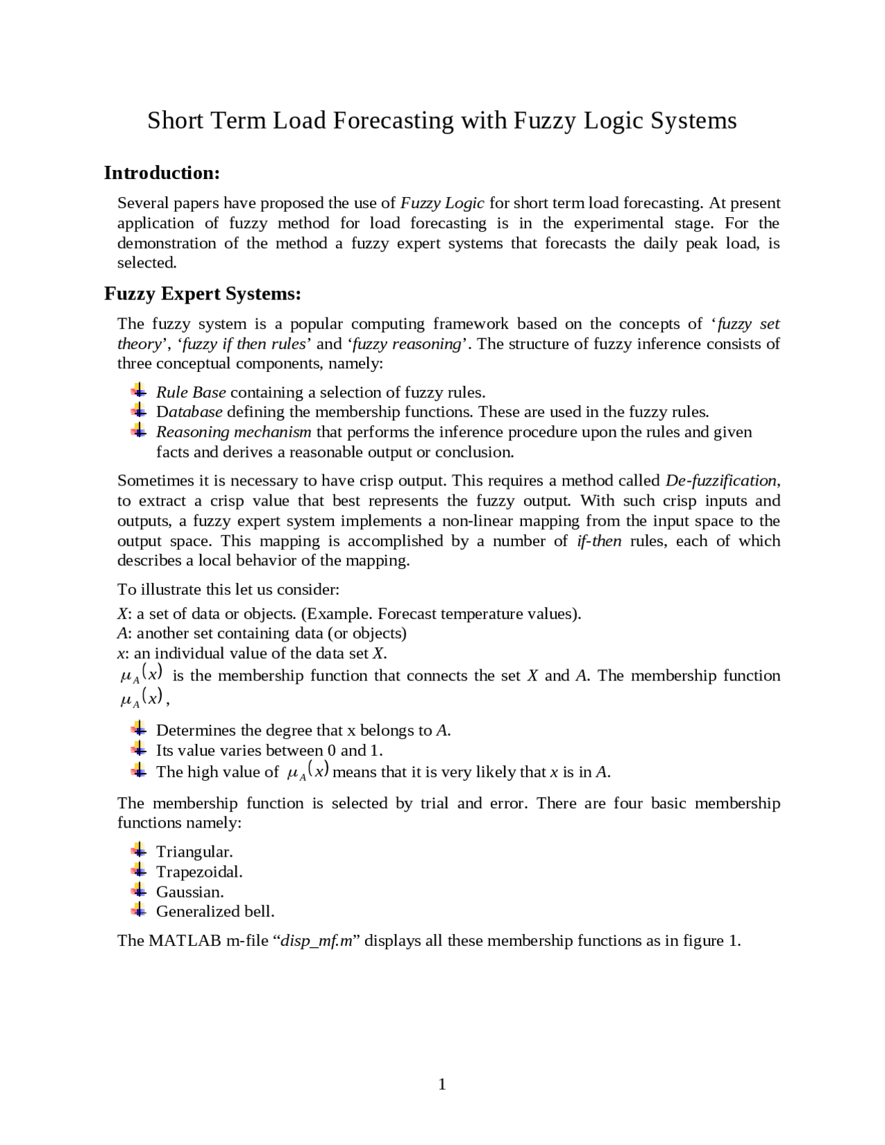 Short Term Load Forecasting with Fuzzy Logic Systems | ARE 250 - Docsity