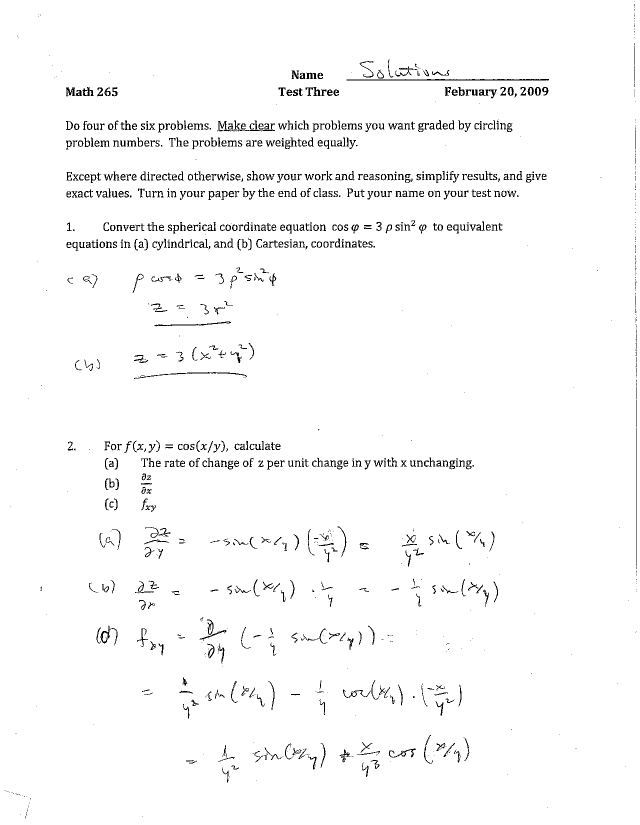 Math 265 Solutions to Exam 3 - Calculus III | MATH 265 - Docsity
