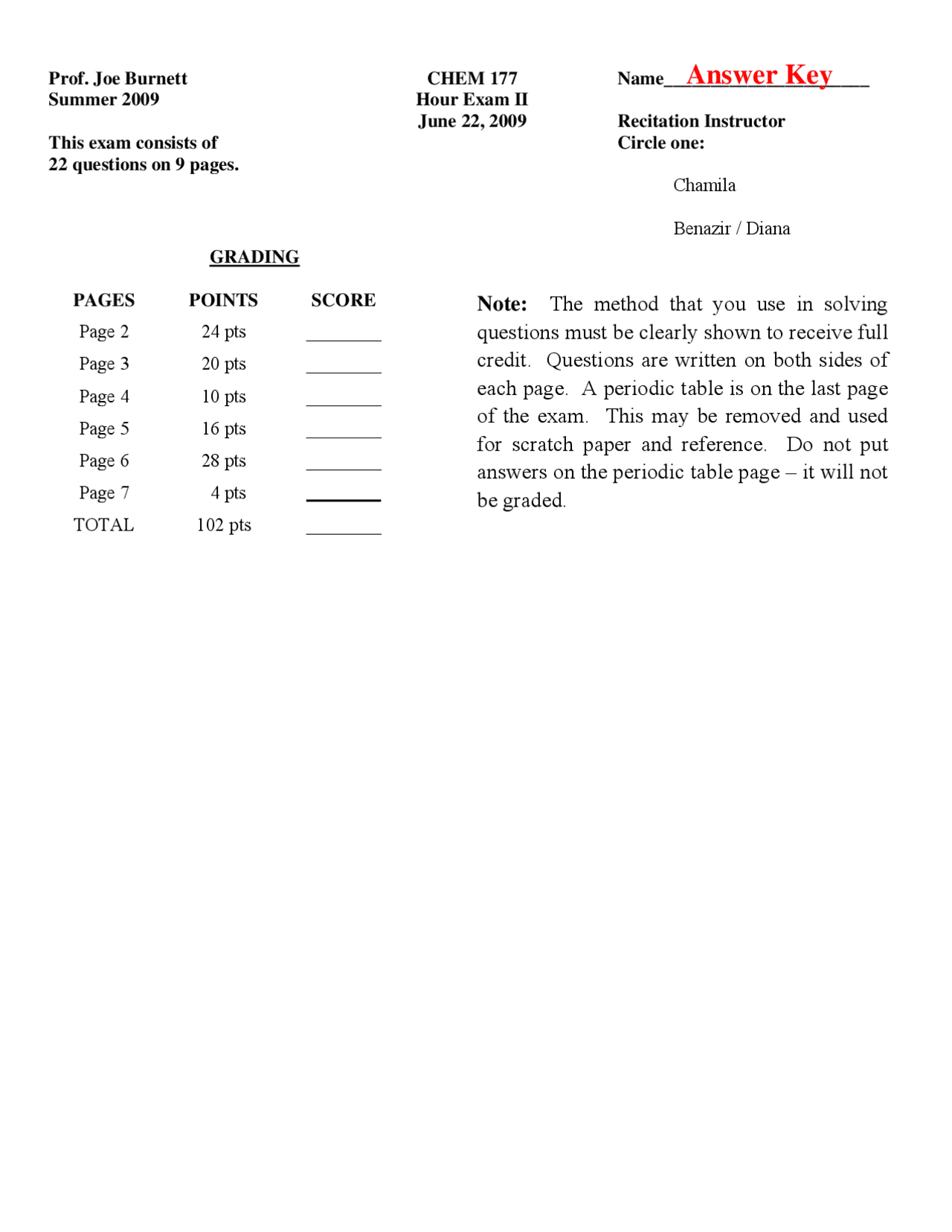 Final Exam Answer Key - General Chemistry - 2009 | CHEM 177 - Docsity