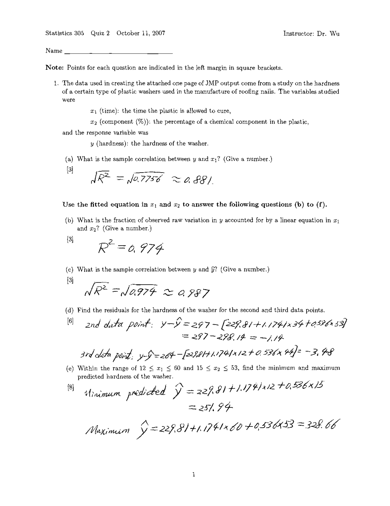 Quiz 2 with Solution for Engineering Statistics | STAT 305 - Docsity