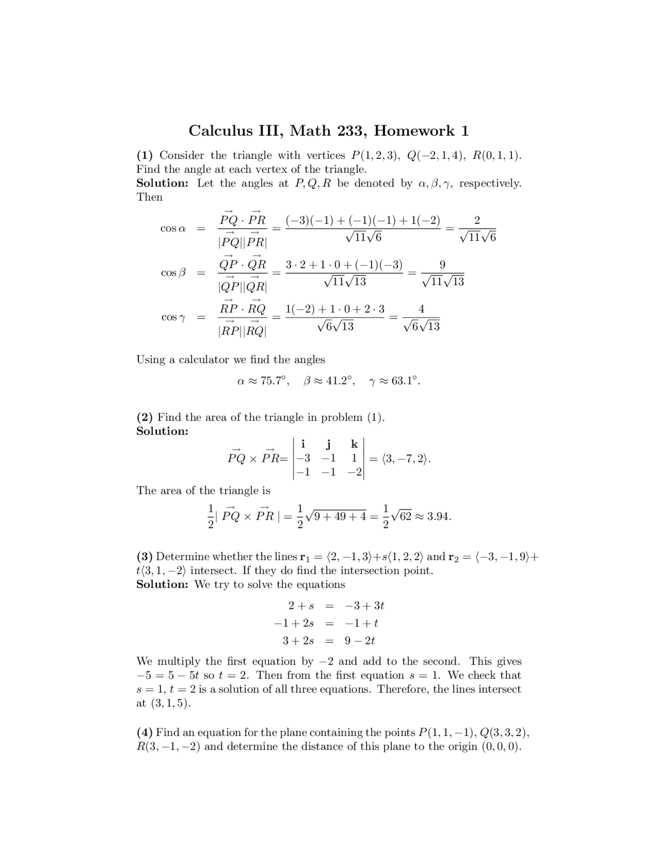 Calculus III: Homework 1 - Calculus and Analytic Geometry | MATH 233 ...