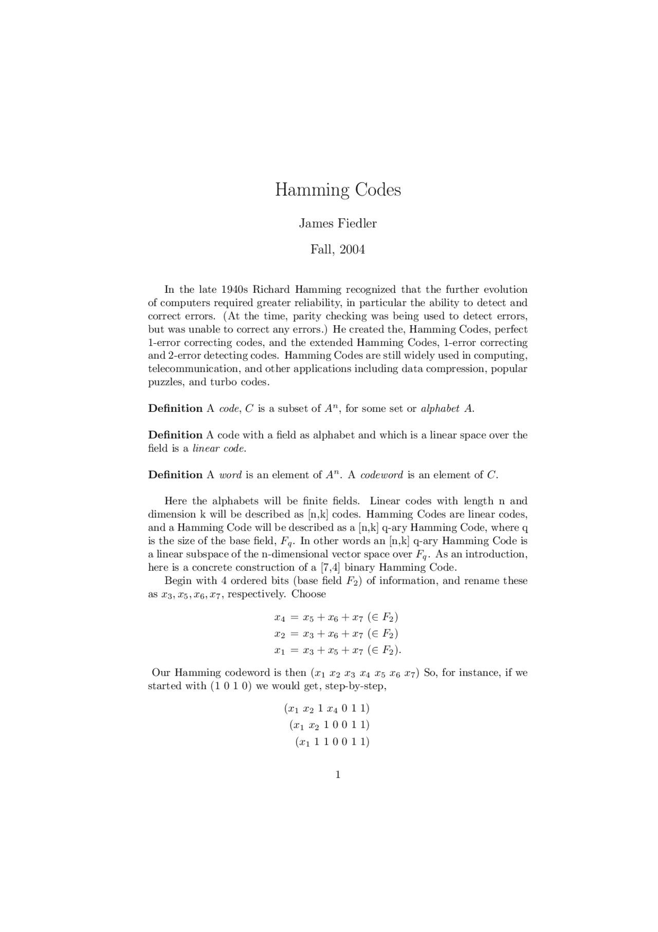 Hamming Codes - Advance Topics Algebra - Notes | MATH 690A - Docsity