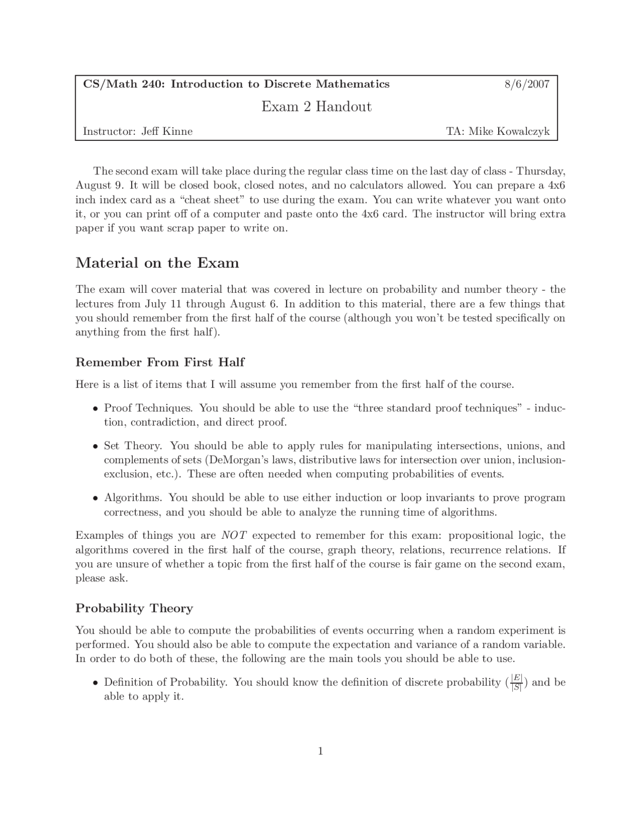 Exam 2 Handout - Introduction to Discrete Mathematics | MATH 240 - Docsity