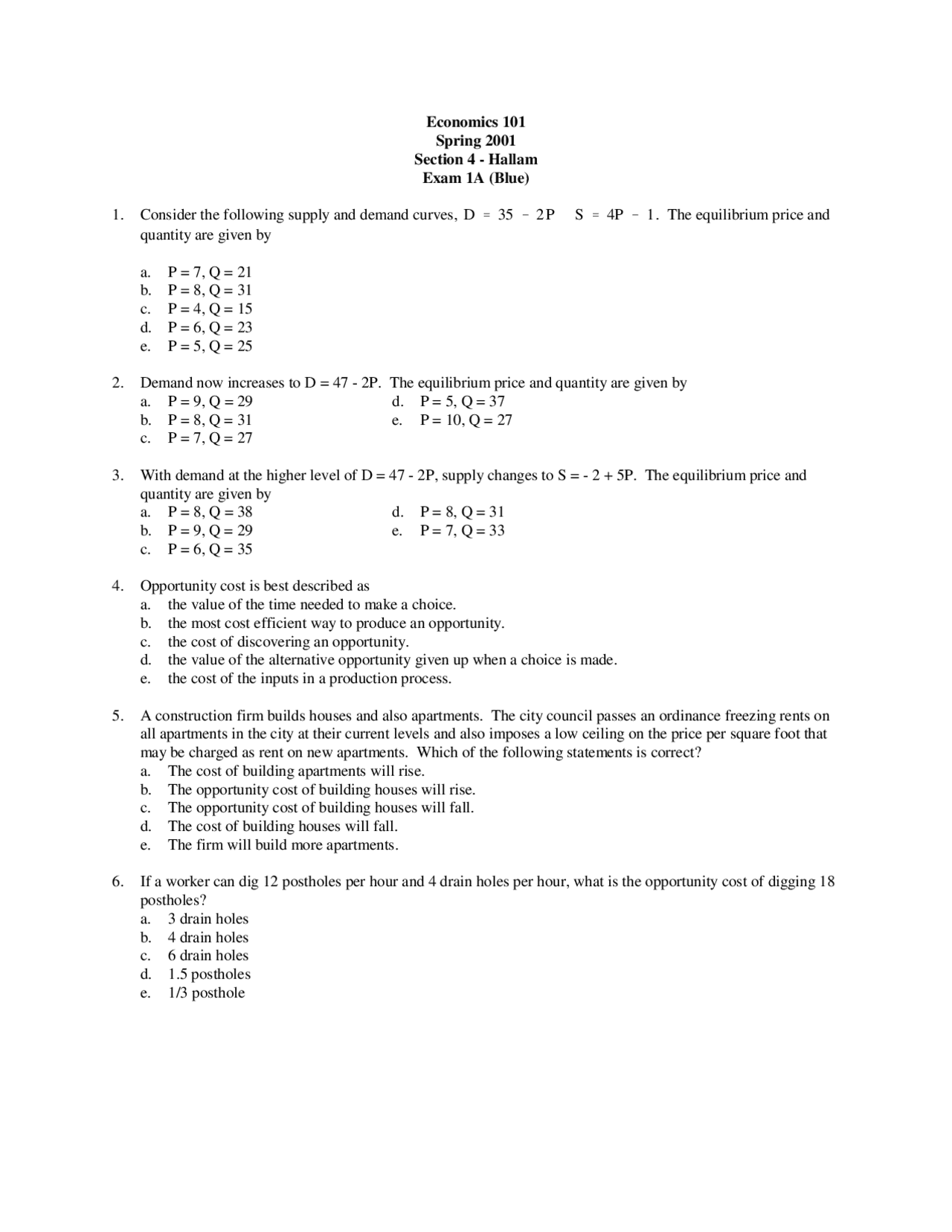 26 Multiple Choice Questions of Principle of Microeconomics - Exam 1 ...