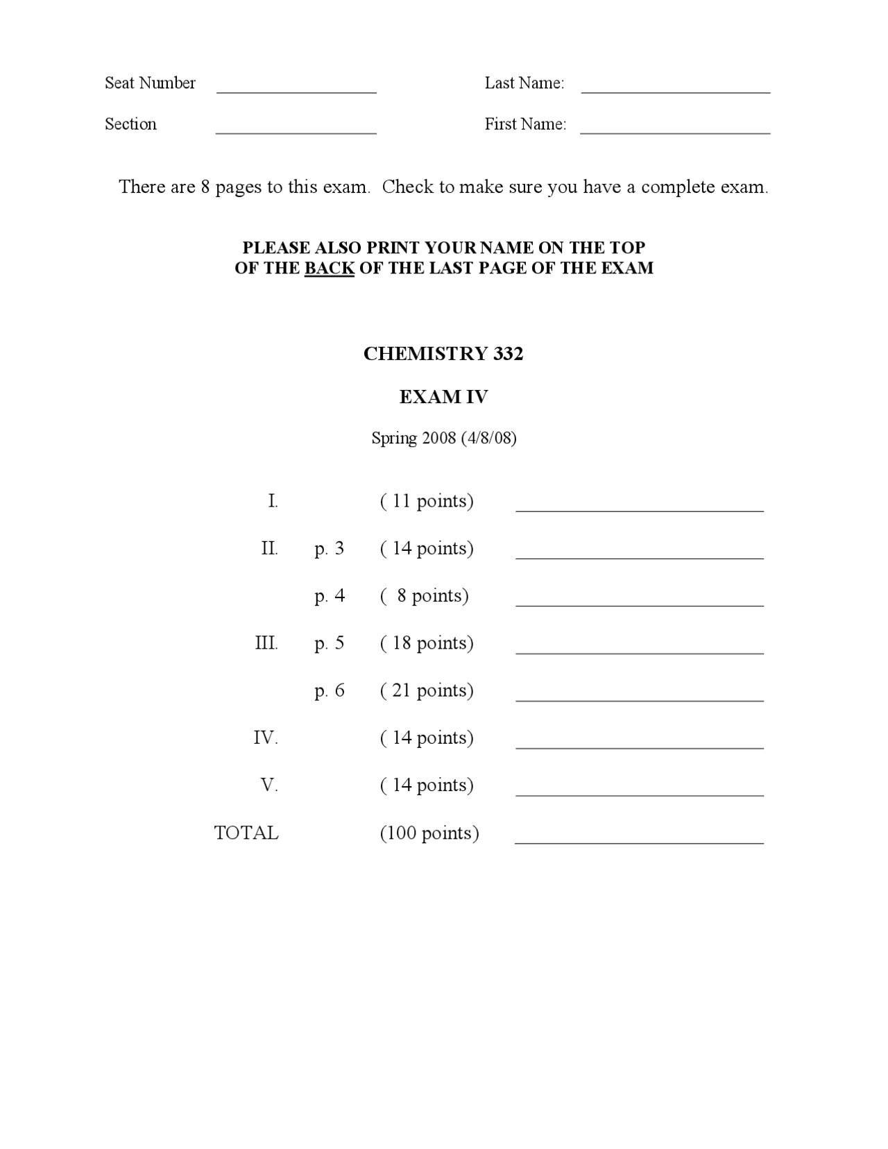 Organic Chemistry Ii Old Exam 2008 Chem 332 Docsity