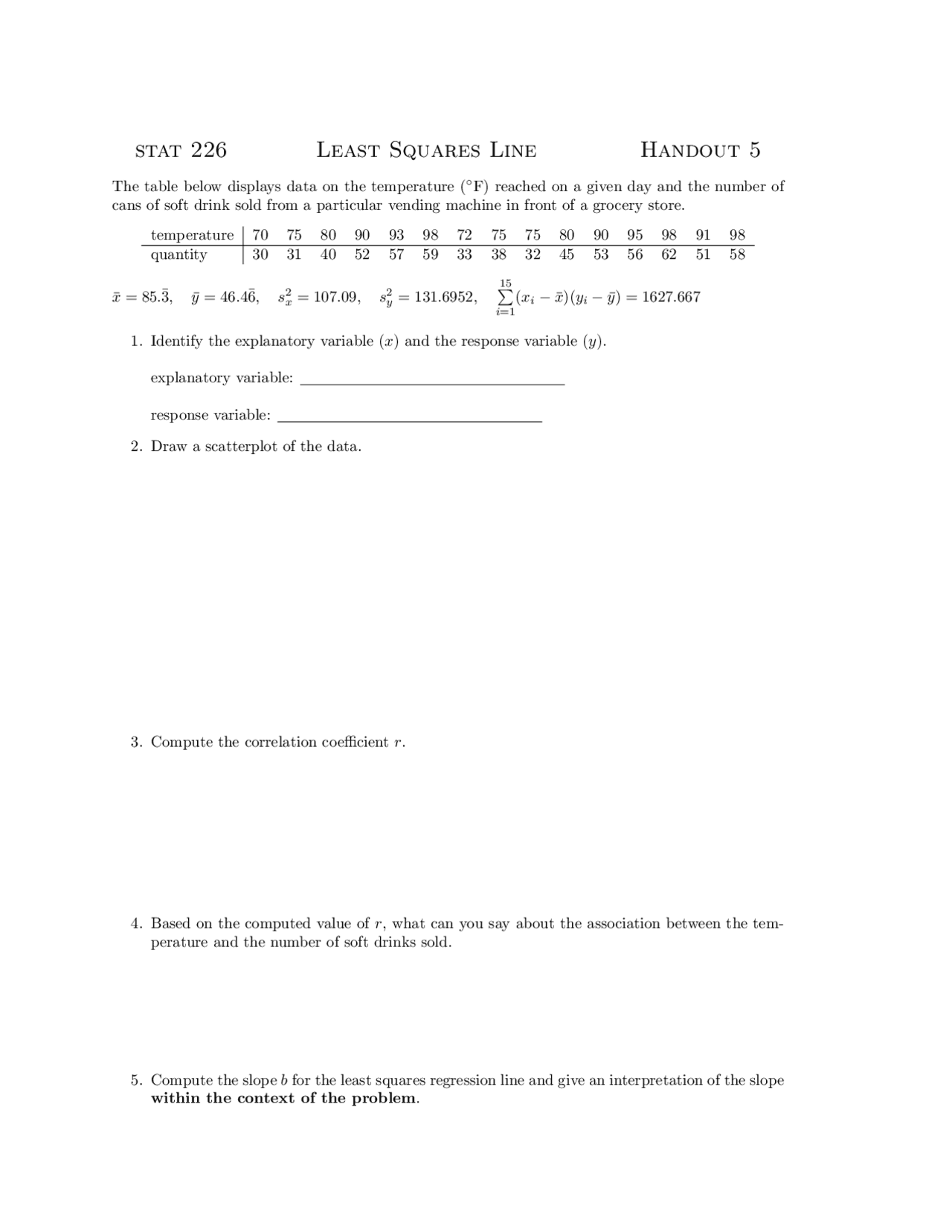 Least Squares Lines - Handout 5 | STAT 226 - Docsity