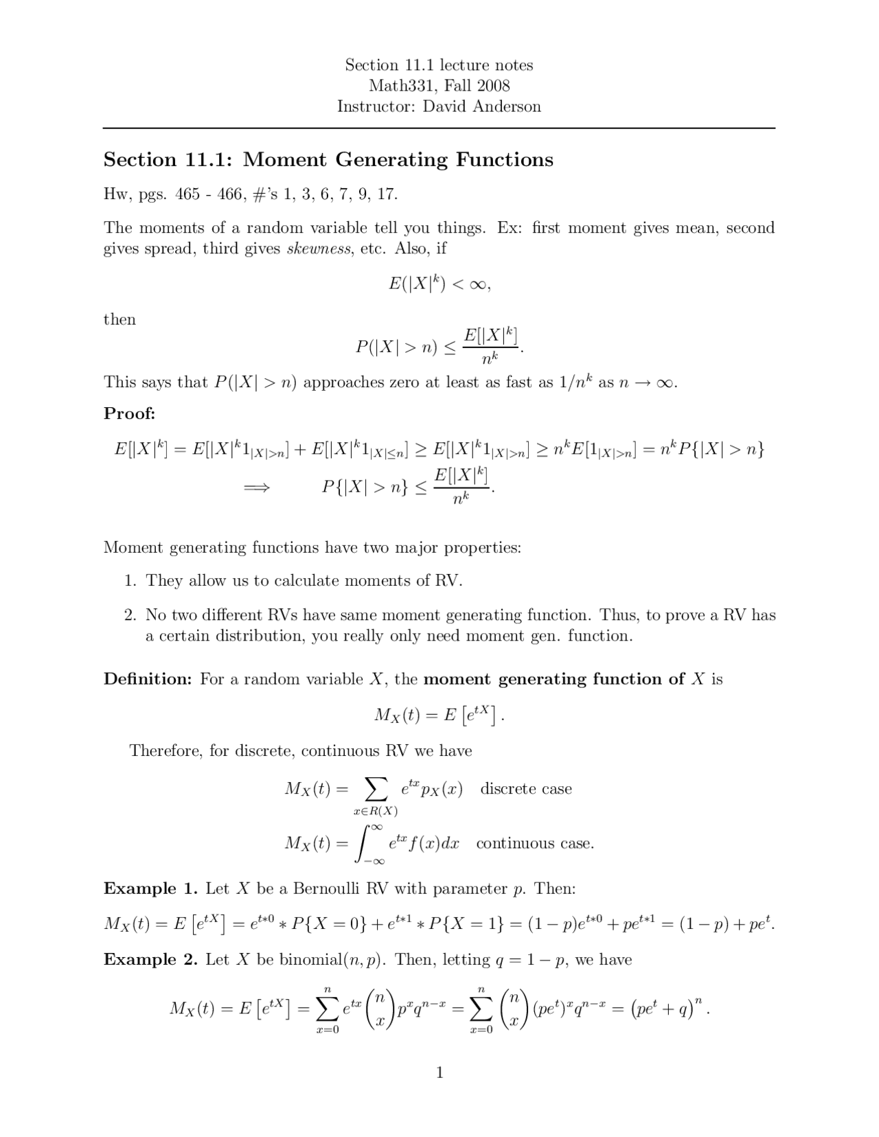Moment Generating Functions - Lecture Notes | MATH 331 - Docsity