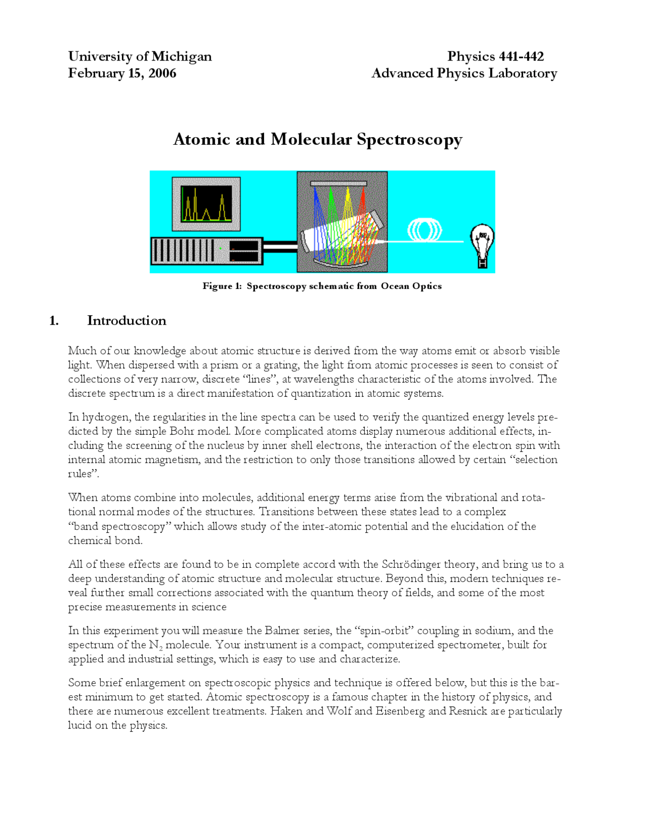 Atomic and Molecular Spectroscopy - Advanced Lab I | PHYSICS 441 - Docsity