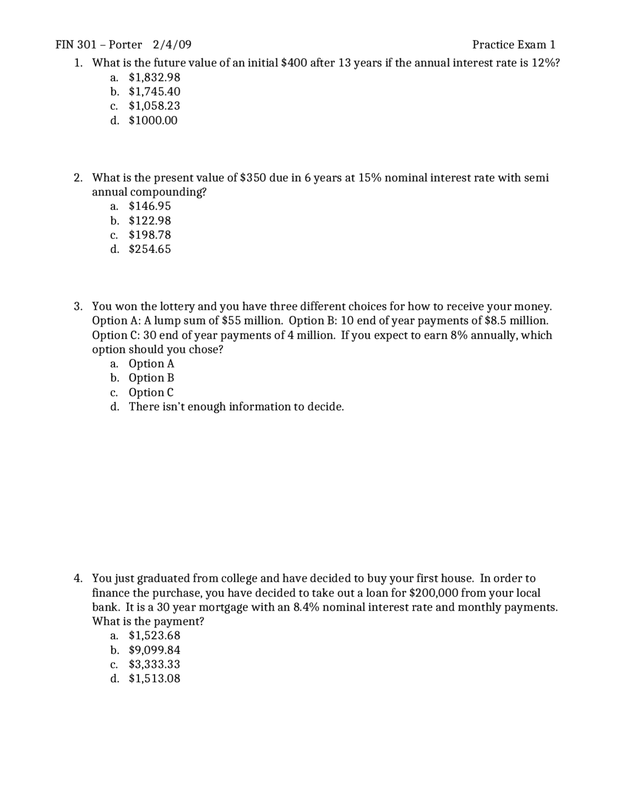Practice Exam 1 - Principles of Finance | FIN 301 - Docsity