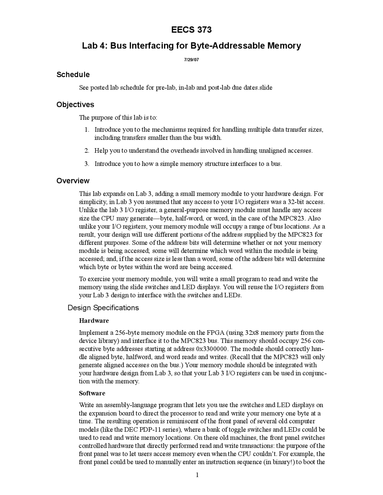 Bus Interfacing for Byte Addressable Memory - Lab 4 | EECS 373 - Docsity