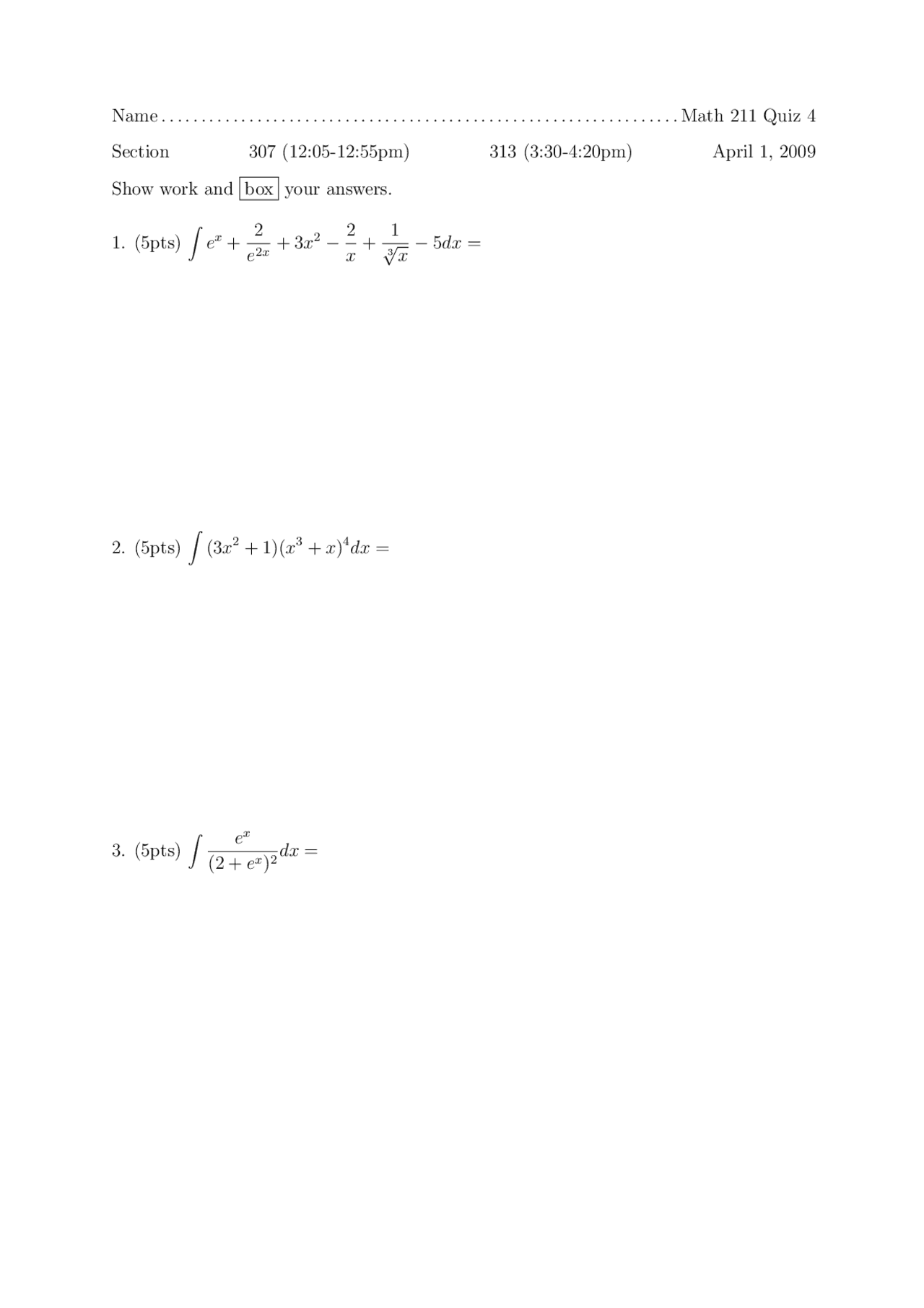 Calculus - 4 Questions on Quiz 4 | MATH 211 - Docsity