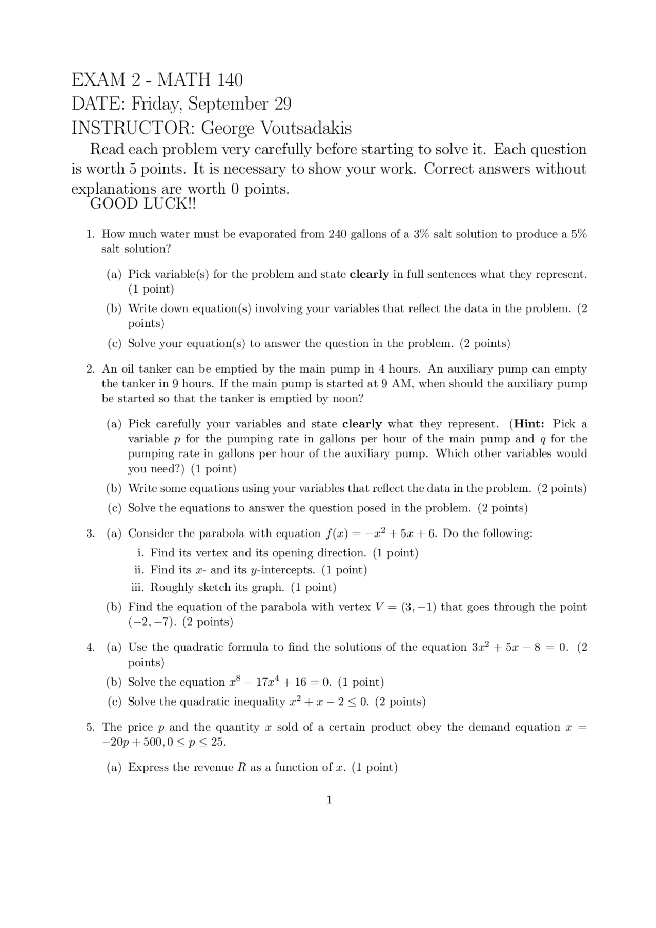 Exam 2 Practice - College Algebra | MATH 140 | Exams Algebra | Docsity