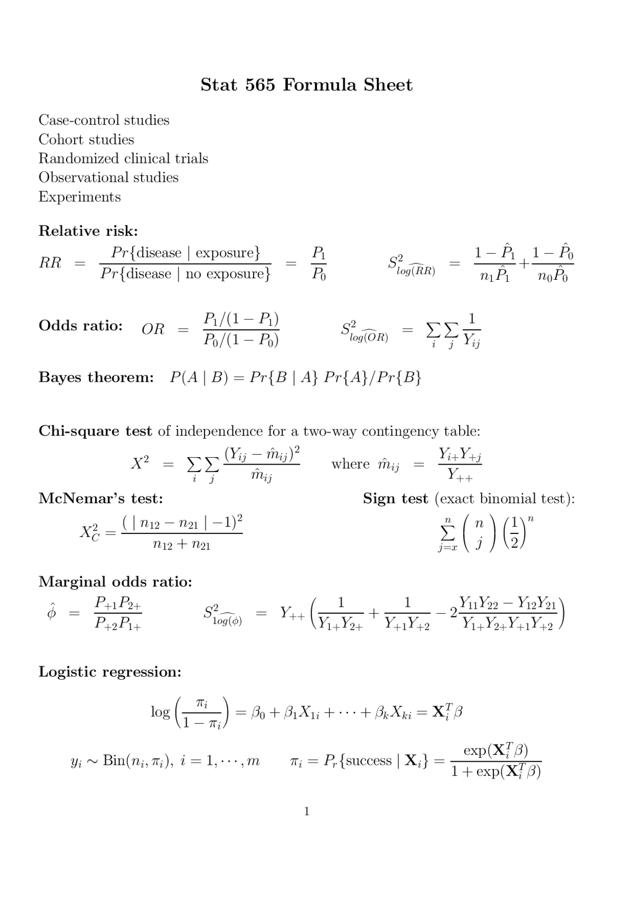 Formula Sheet - Methods in Biostatistics and Epidemiology | STAT 565 ...