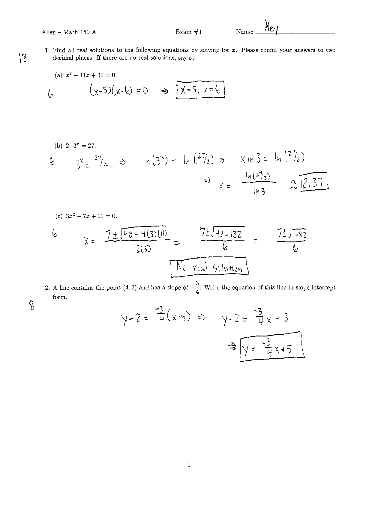 8 Solved Problems on Survey of Calculus - Examination 1 | MATH 160 ...