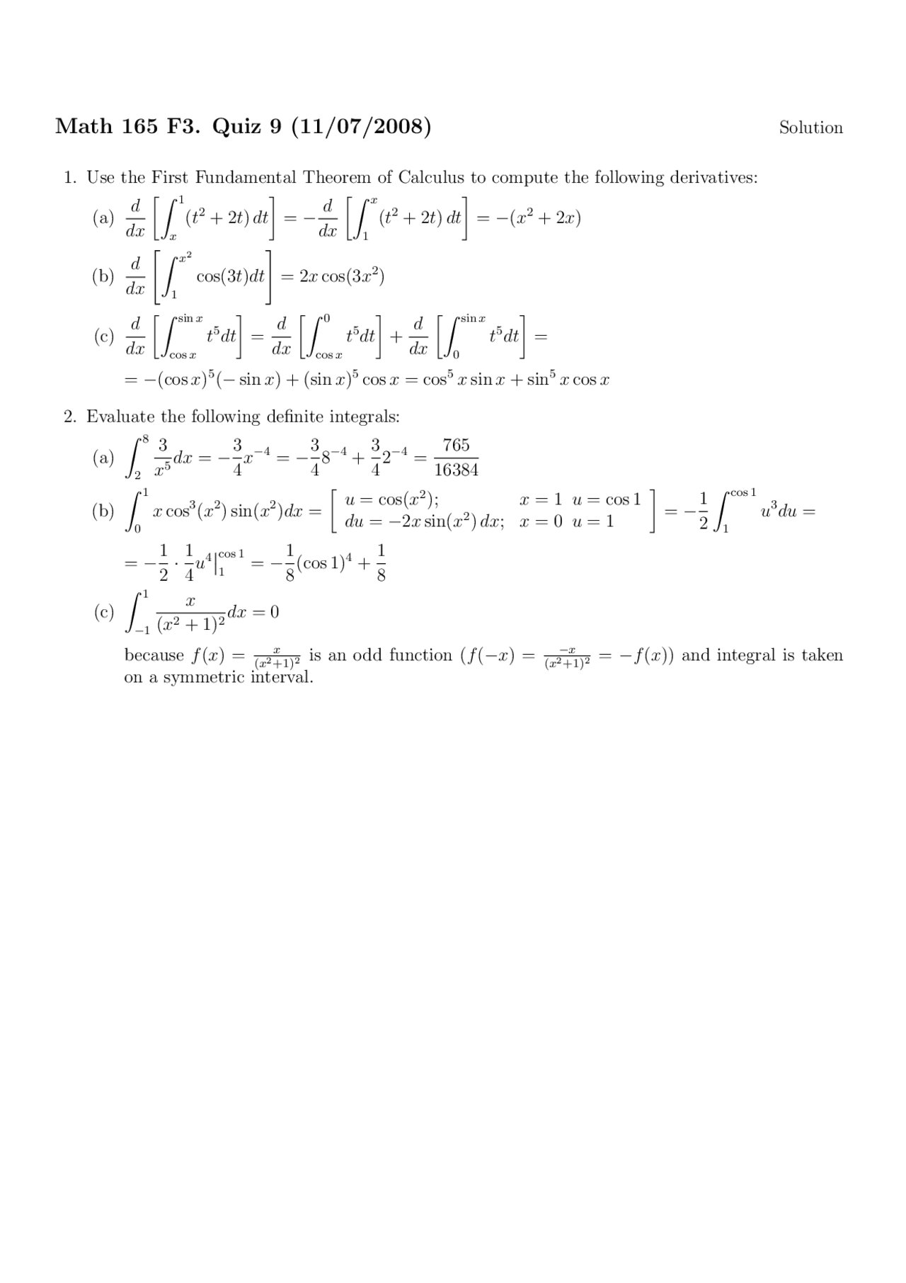 Math 165 Resolution of Quiz 9 - 2 Problems on Calculus I | MATH 165 | Quizzes ...