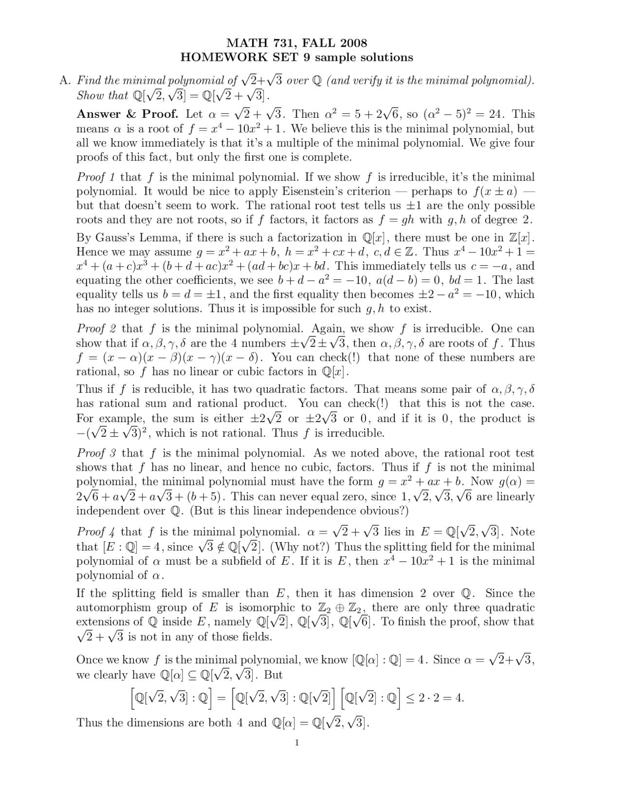 Abstract Algebra - Homework Set 9 with Solutions | MATH 731 - Docsity