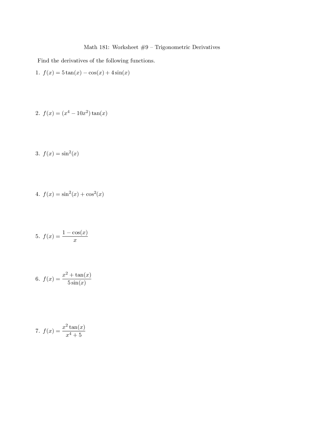 Trigonometry Differentiation Worksheet.pdf Trigonometric Derivatives - Worksheet 9 | MATH 181 - Docsity