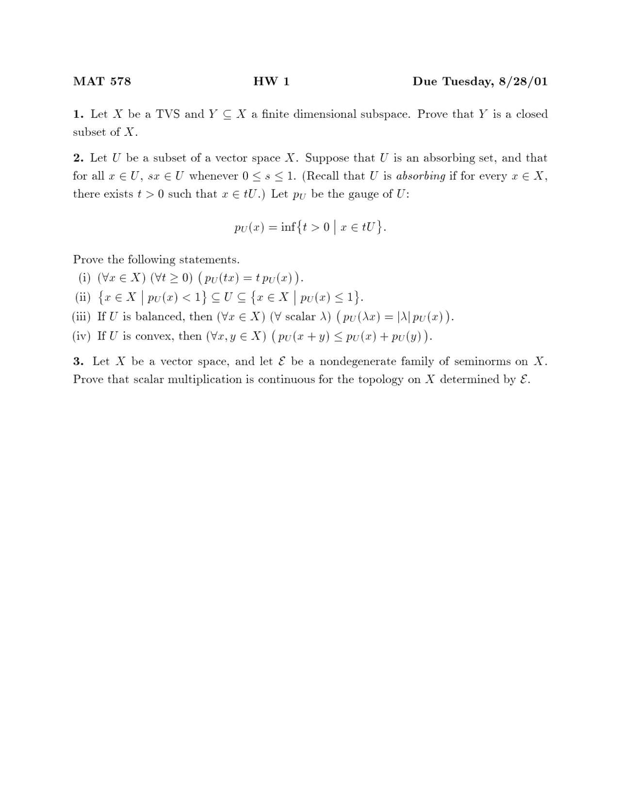 3 Solved Problems on Functional Analysis - Assignment 1 | MAT 578 - Docsity