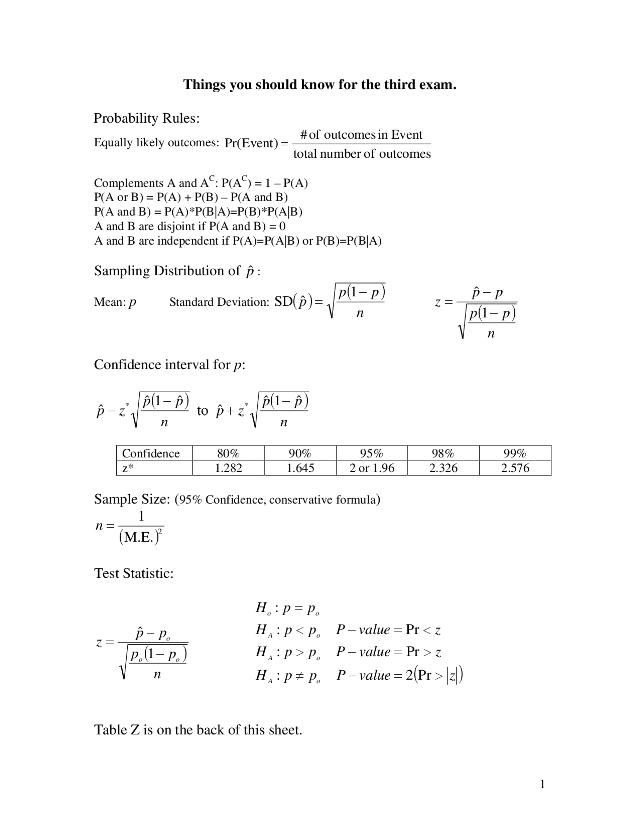 Statistics Math Review Study Guide Review Sheet for Exam 3 - Principles of Statistics | STAT 101 - Docsity