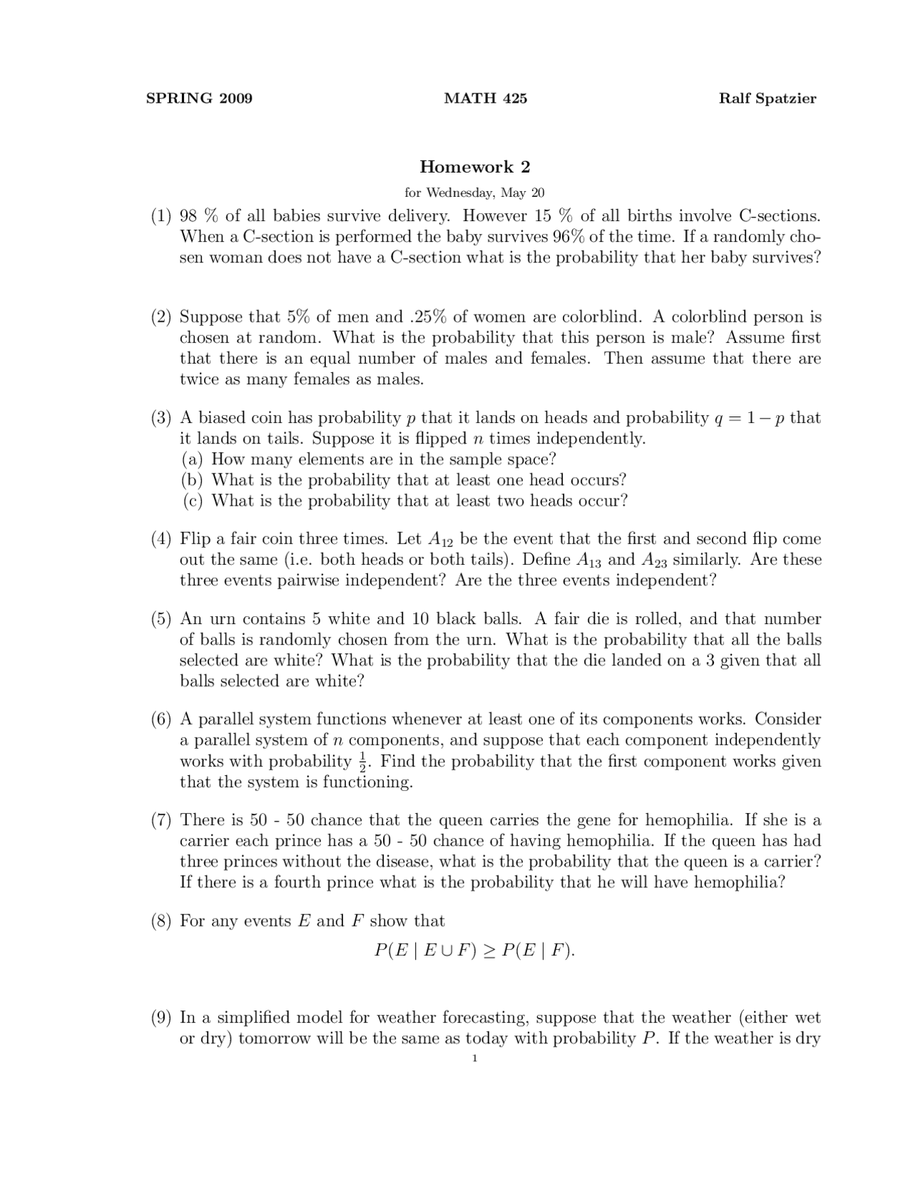 Introduction to Probability - Assignment 2 Questions | MATH 425 - Docsity