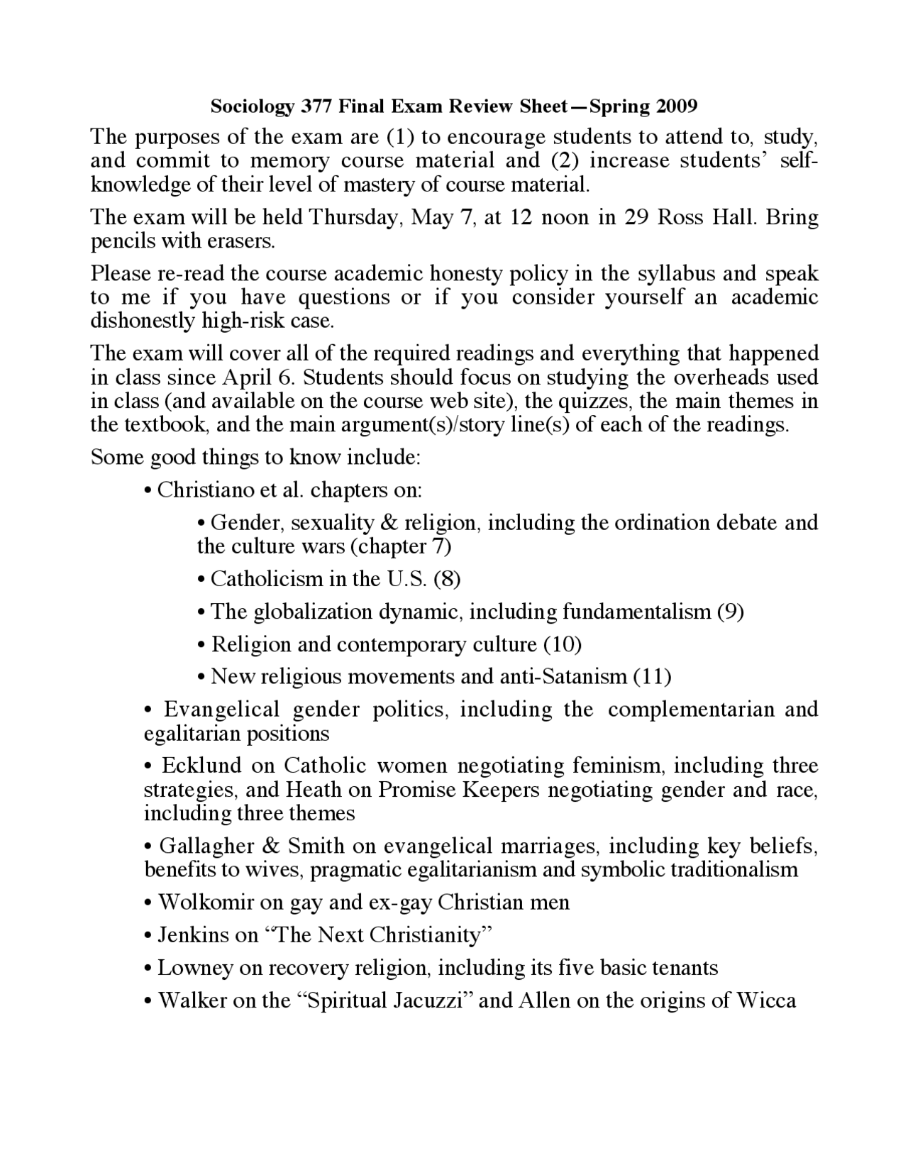 Final Exam Review Sheet for Social Dimensions of Religion | RELIG 377 ...