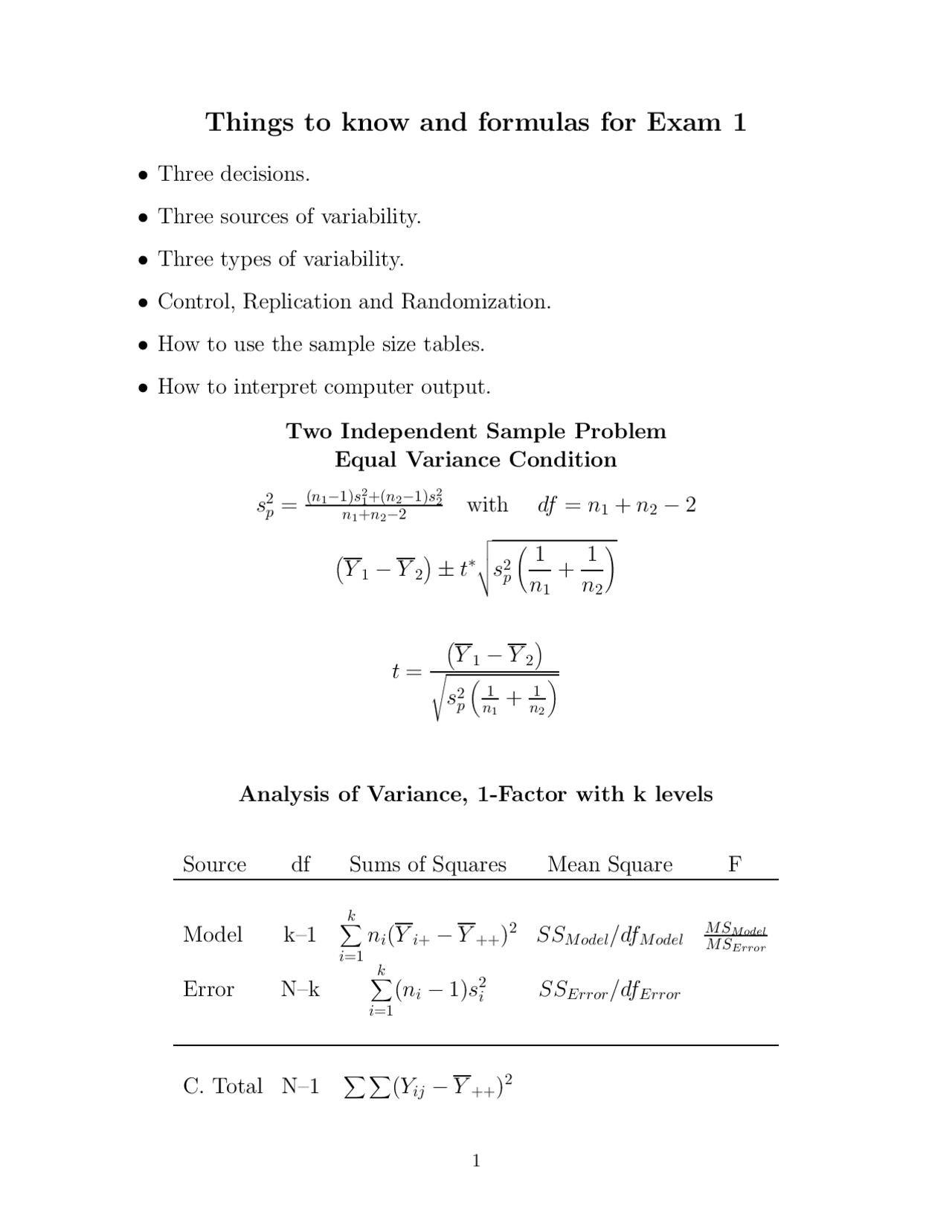 Things to Know and Formulas for Exam - Statistics Design | STAT 402 ...