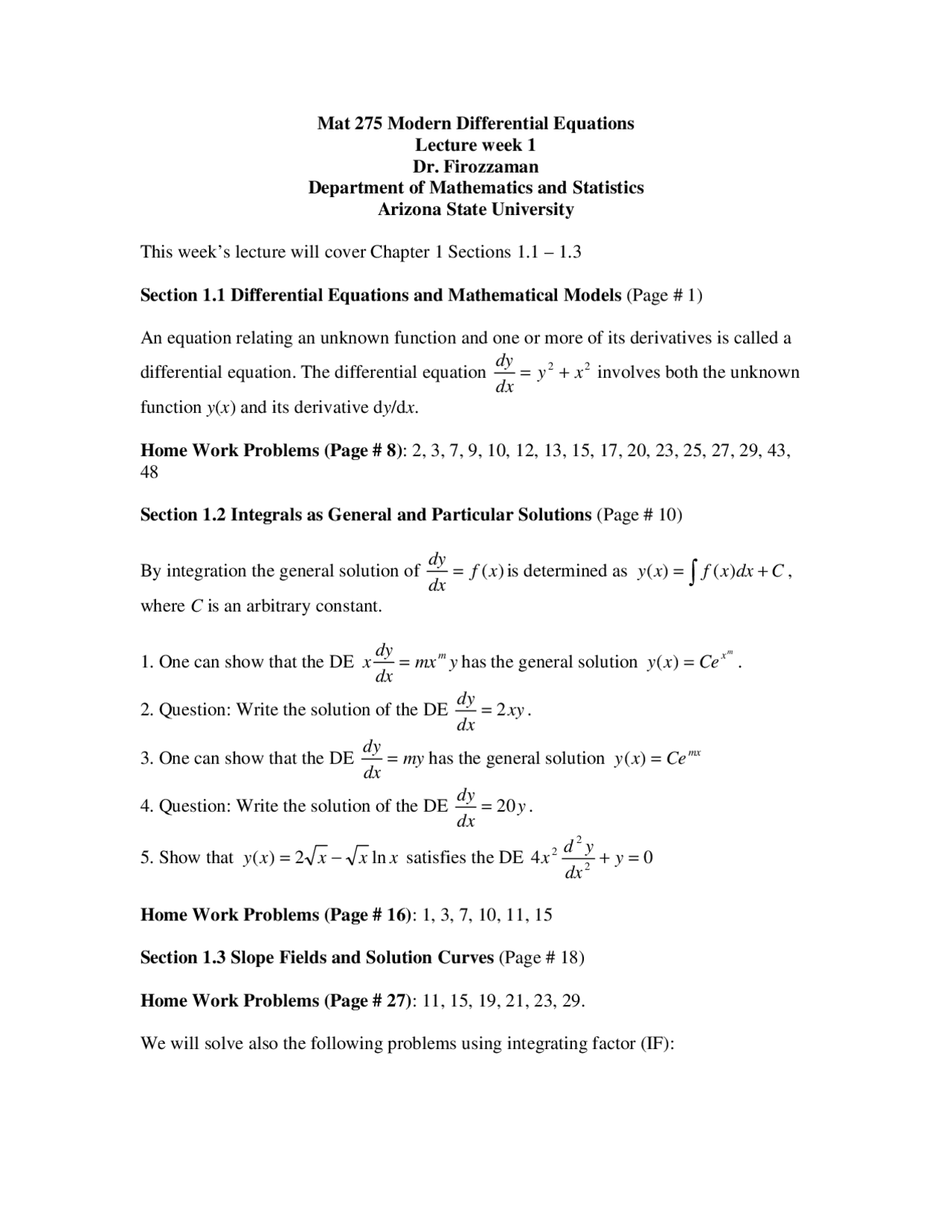 Differential Equations and Mathematical Models - Notes | MAT 275 - Docsity