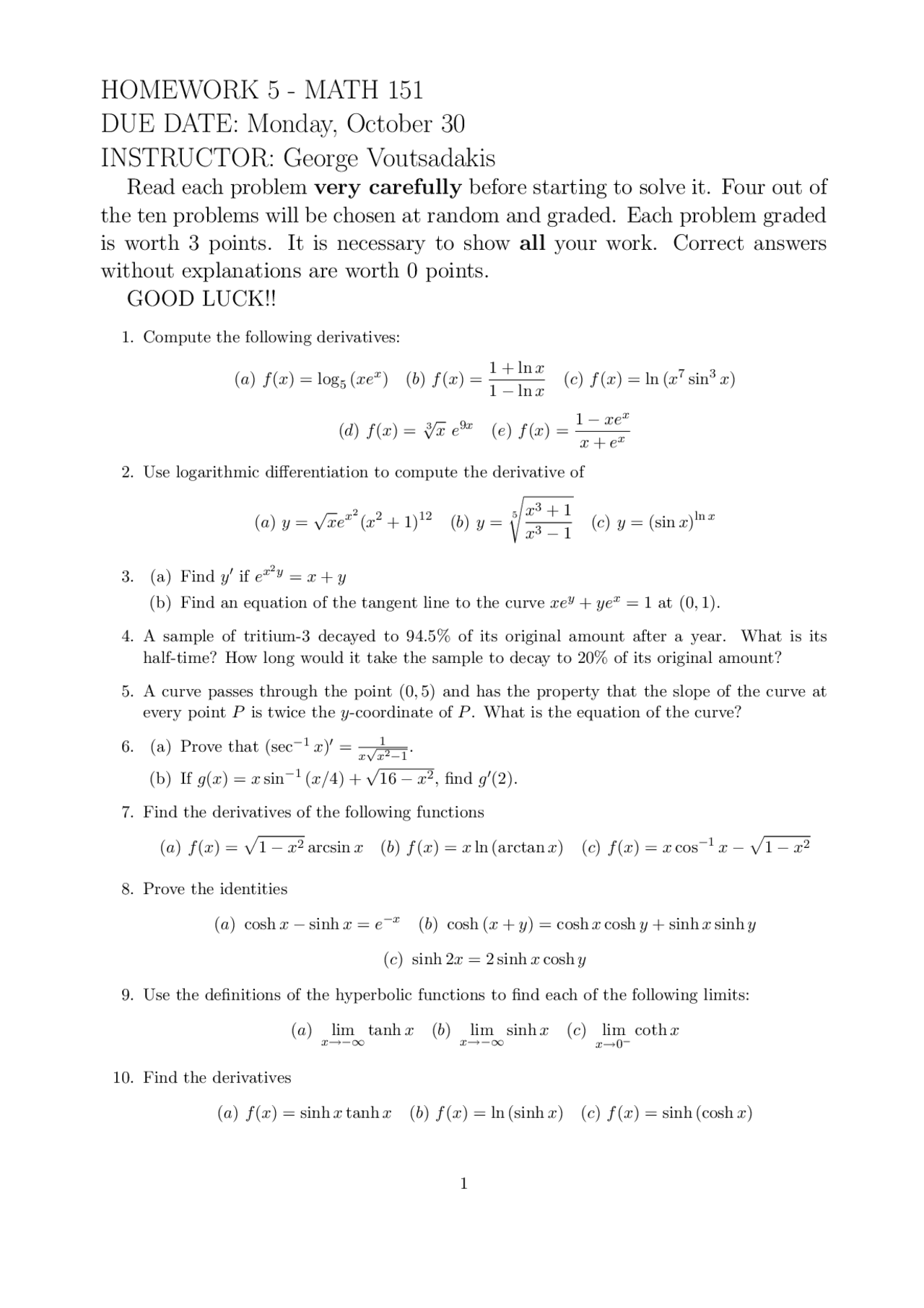 Business And Social Science Calculus Homework 5 Questions Math 151 Docsity