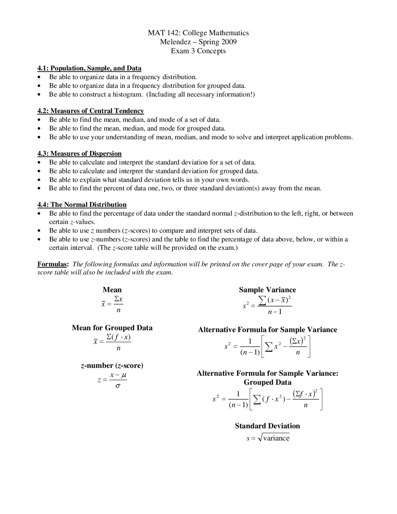 Past Exam 3 Concepts - College Mathematics | MAT 142 - Docsity