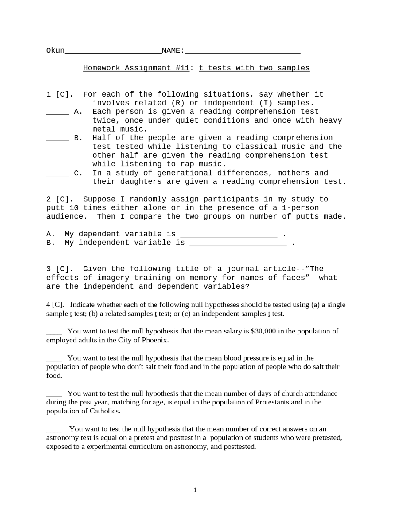 Homework Assignment: T-Tests with Two Samples - Prof. Morris Okun ...