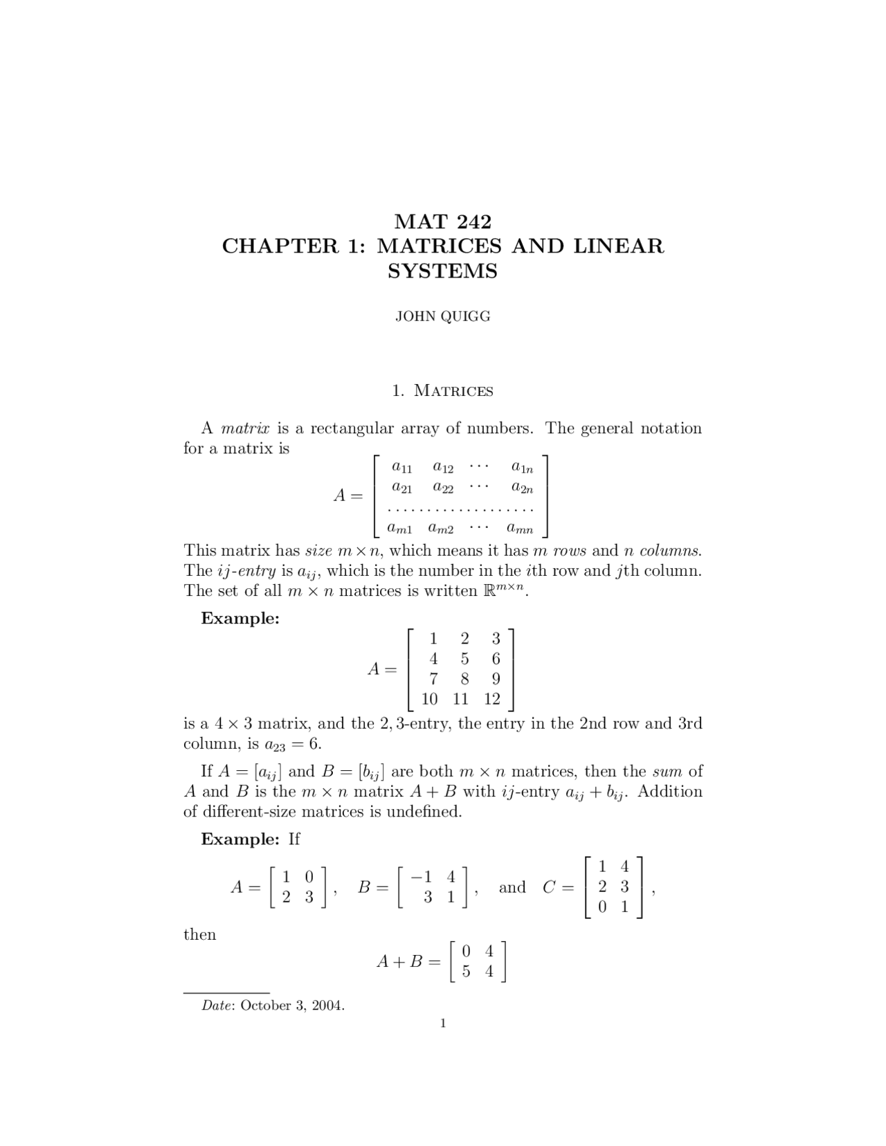 Matrices and Linear - Elementary Linear Algebra - Lecture Notes | MAT ...