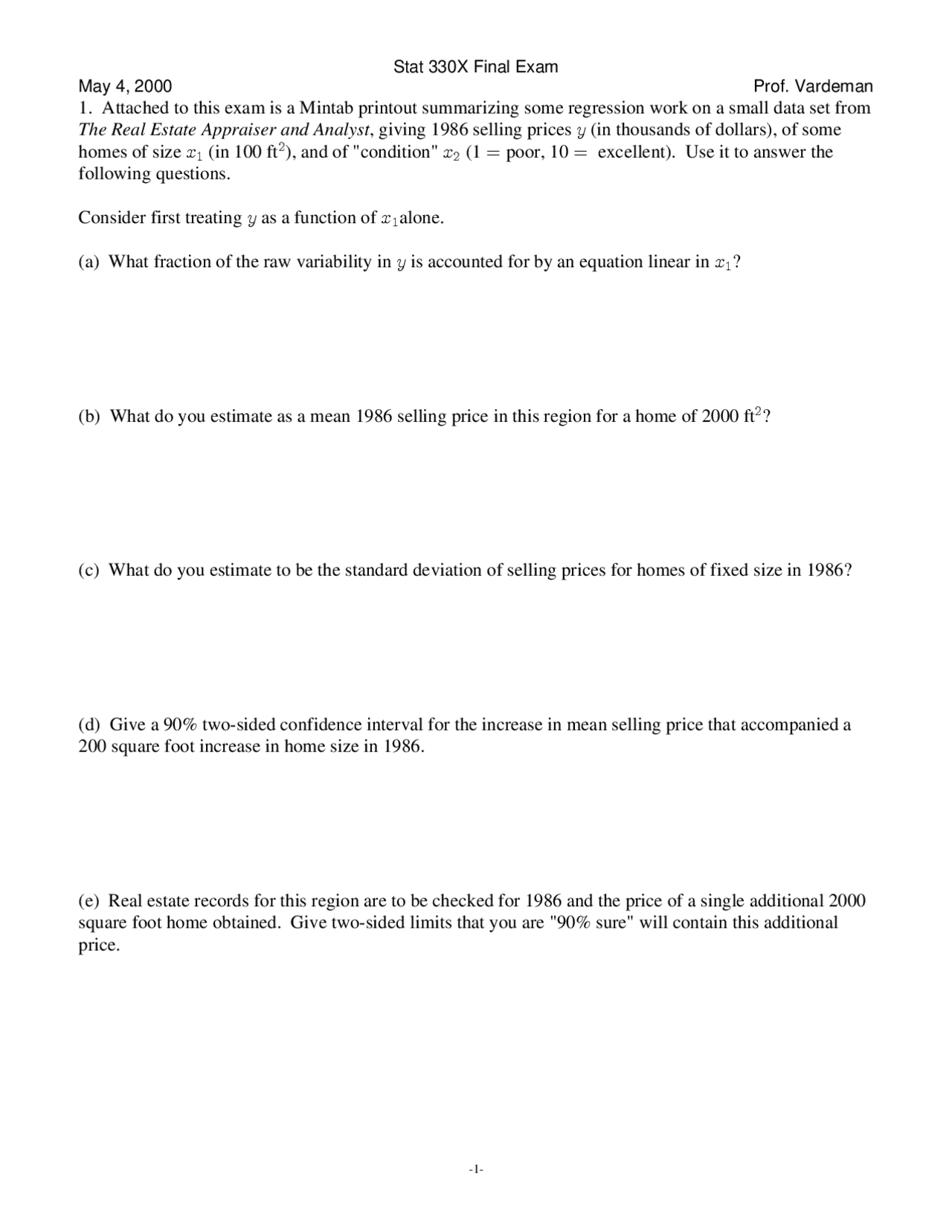 5 Questions Final Exam - Probability and Statistics | STAT 330 - Docsity