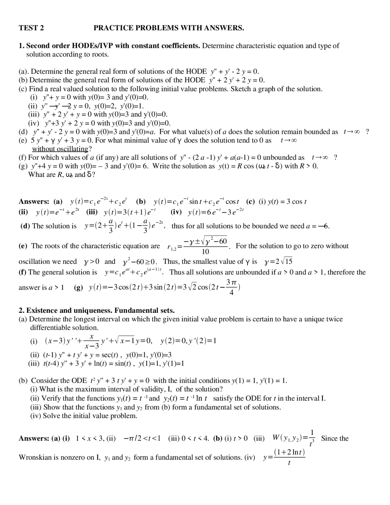 Test 2 Problems With Answers Elementary Differential Equations Mat 274 Docsity