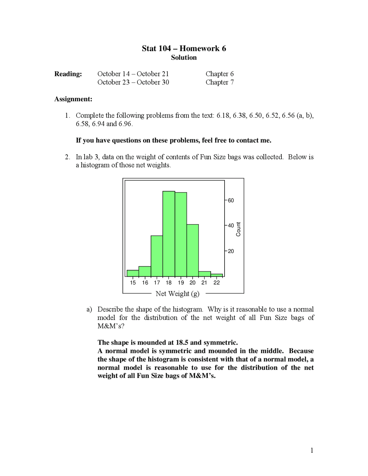 Introduction to Statistics - Homework 6 Solutions | STAT 104 - Docsity