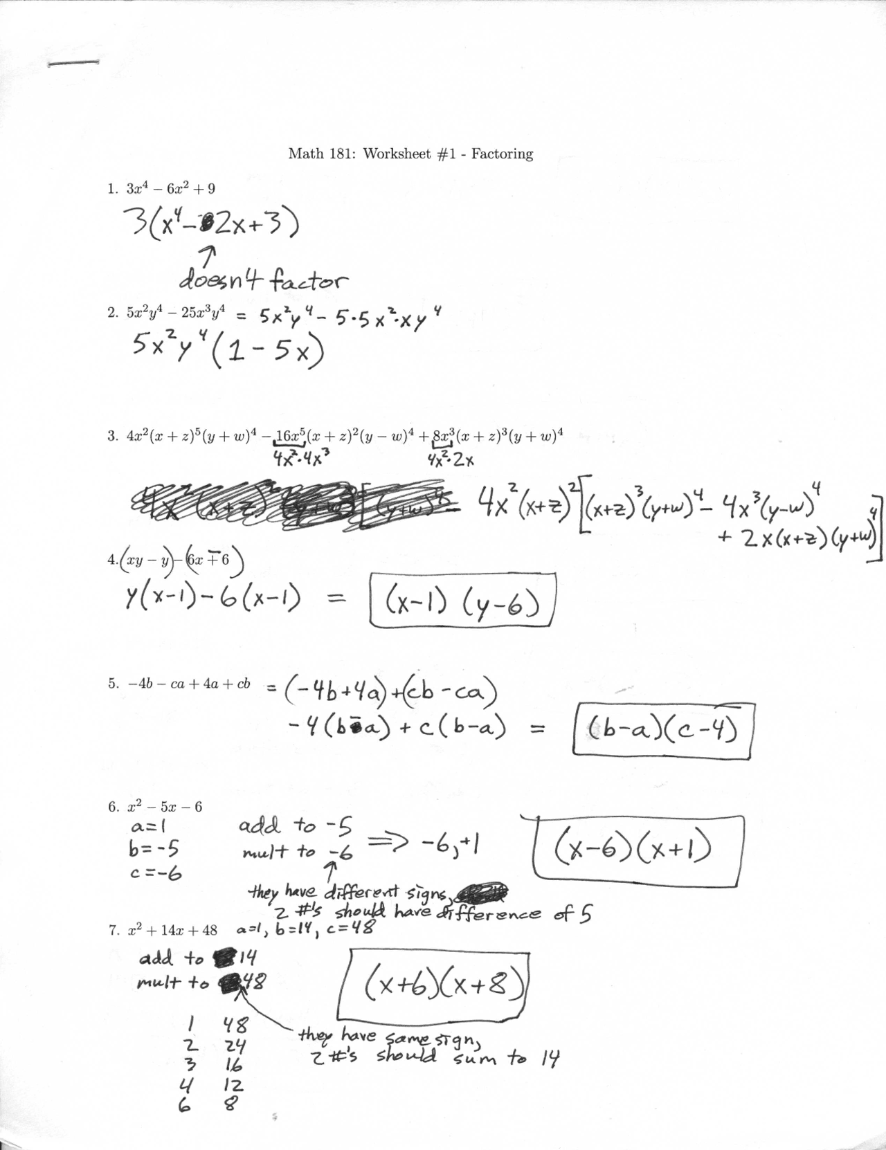 Factoring - Worksheet 1 | Calculus and Modeling for Life Sciences I ...