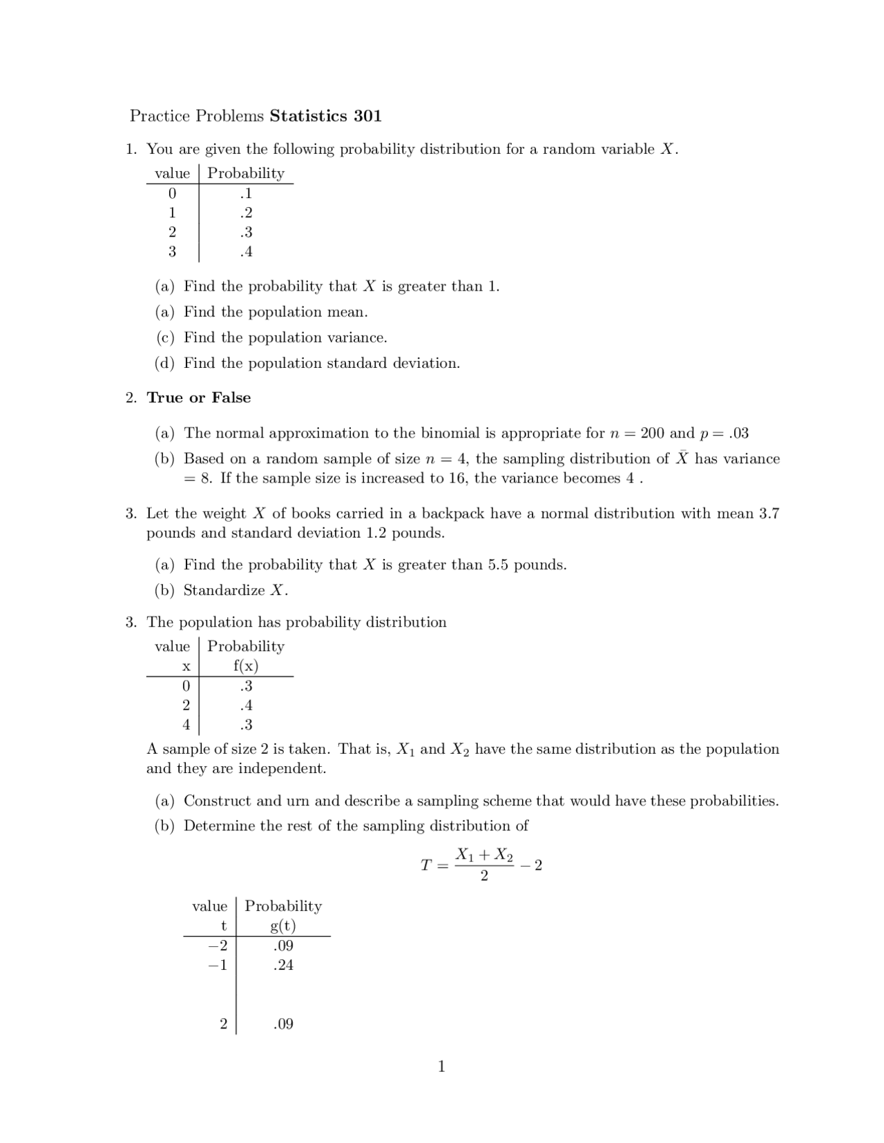 Practice Problems for Exam - Introduction to Statistical Methods | STAT ...