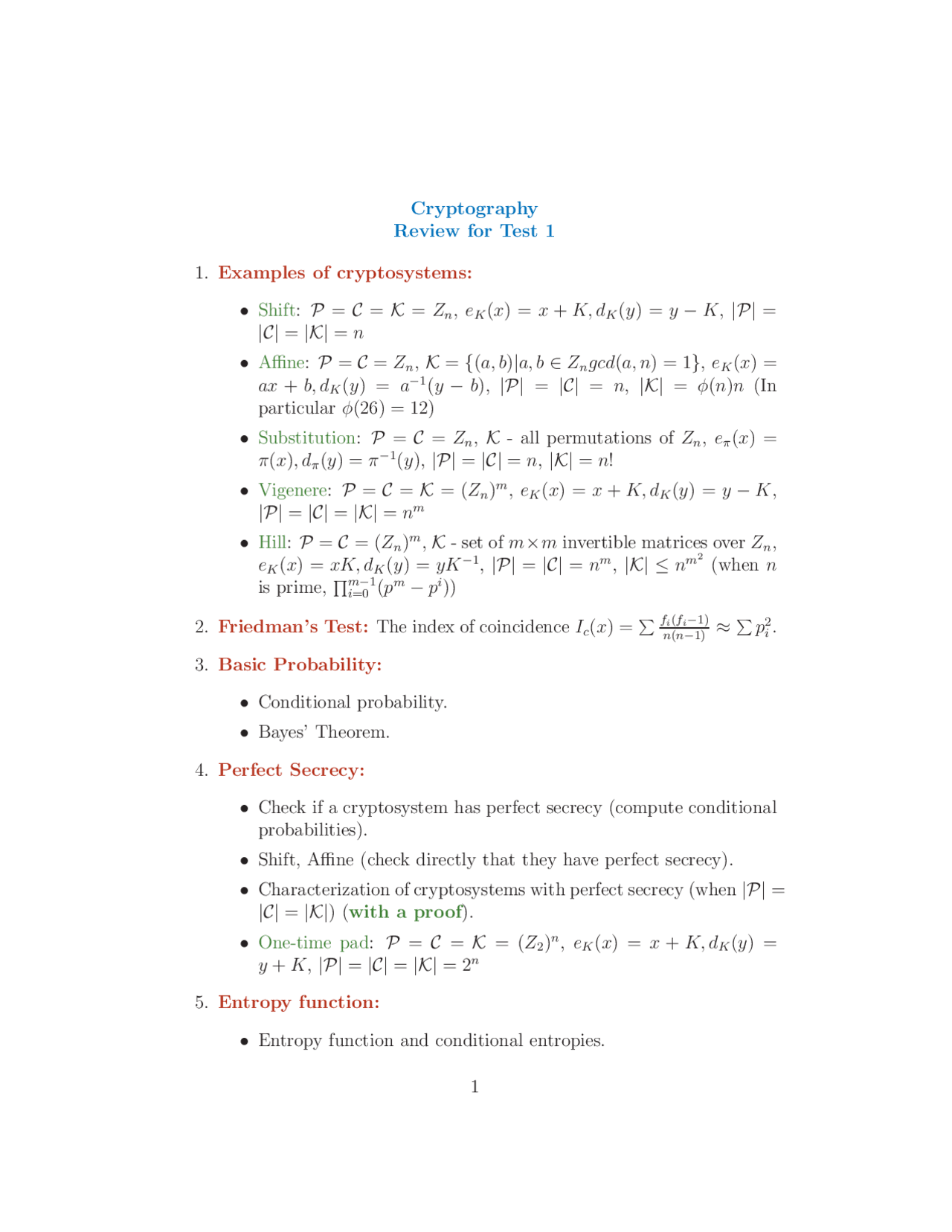 Examples of Cryptography, Friedman's Test - Exam 1 | MAT 447 - Docsity
