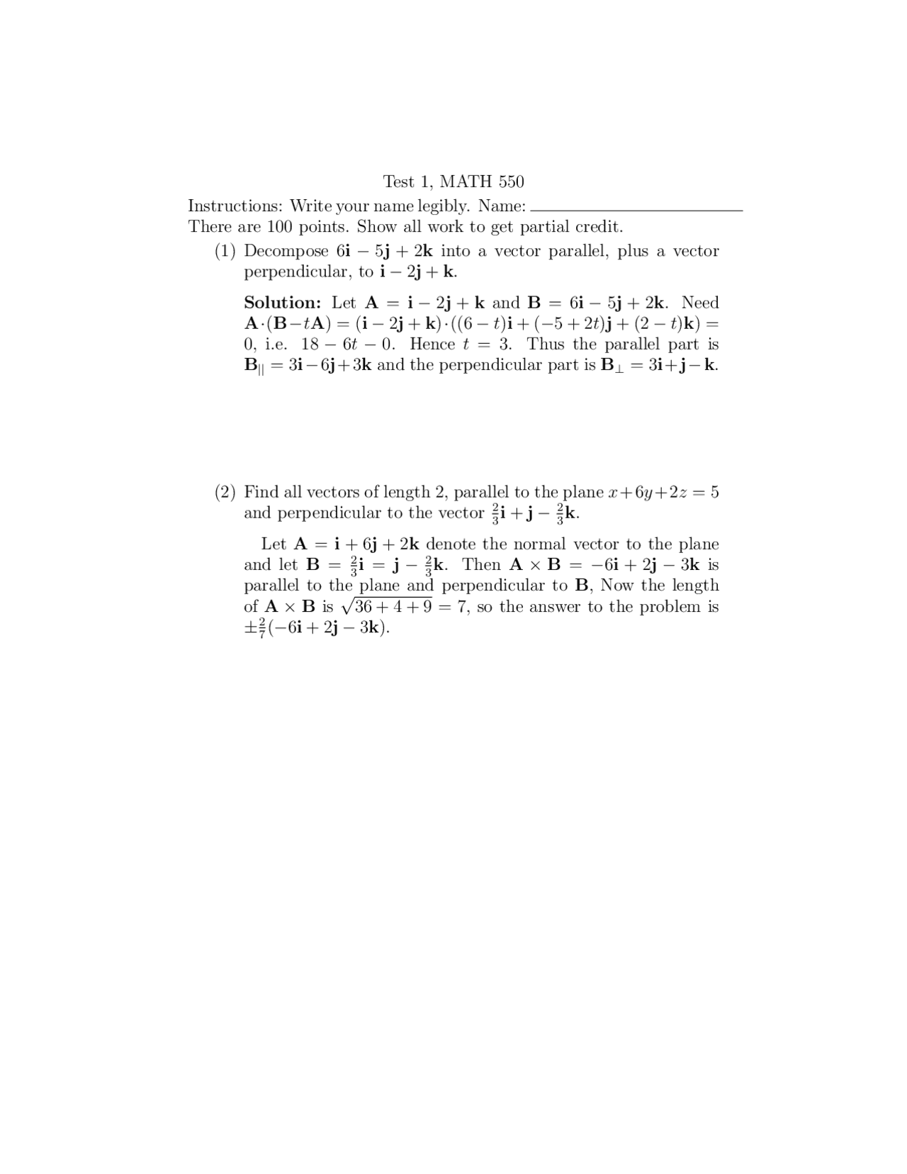 Test 1 Solutions for Vector Analysis | MATH 550 - Docsity