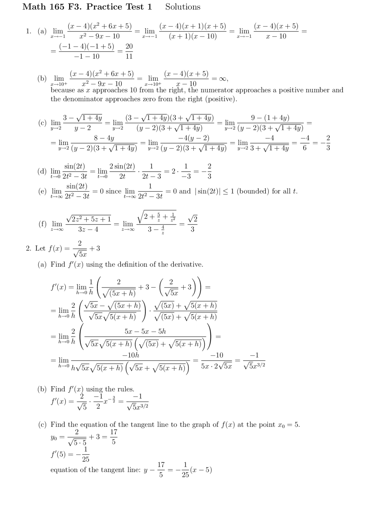 Math 165 Practice Exam 1 Solutions - Calculus I | MATH 165 - Docsity
