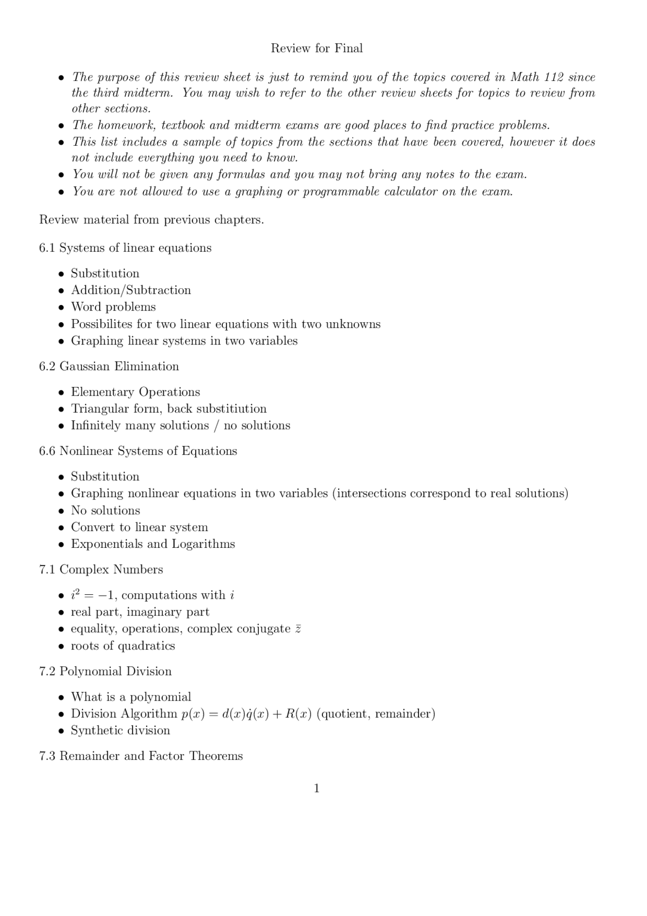 Review for Final Exam - Algebra | MATH 112 - Docsity