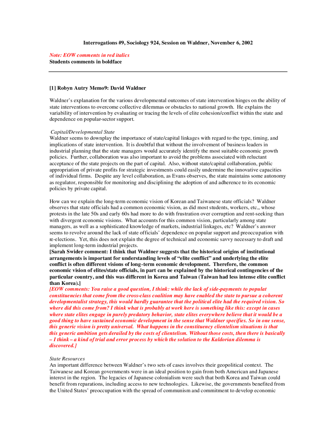 EOW Comments in Red Italics - Lecture Notes | SOC 924 - Docsity