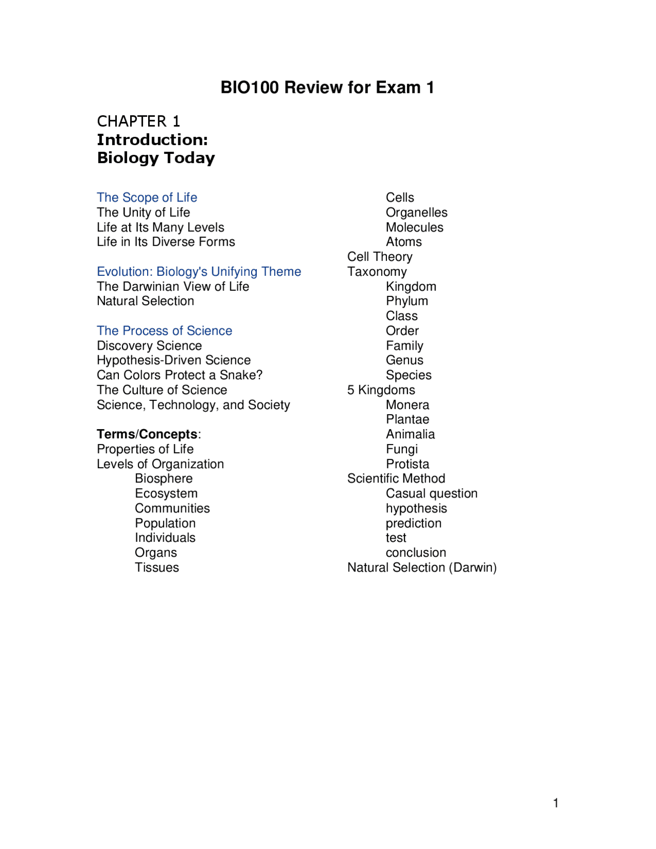 Review Sheet for Exam 1 - The Living World | BIO 100 | Exams Biology ...